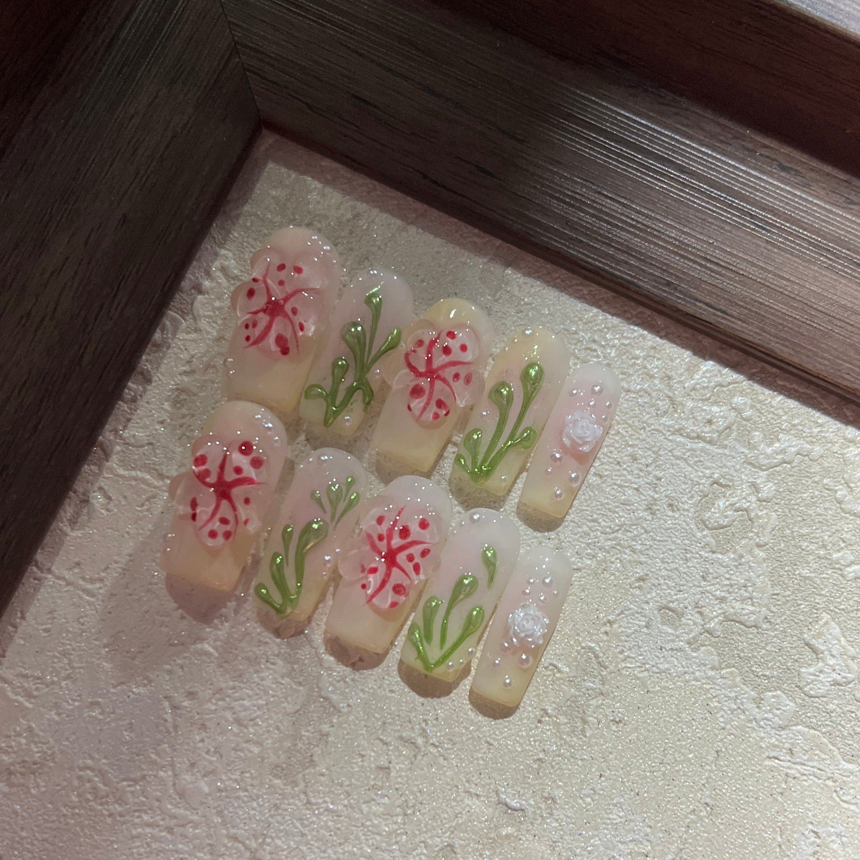 SPRING-3D FLOWER SQUARE TEN PIECES OF HANDCRAFTED PRESS ON NAIL