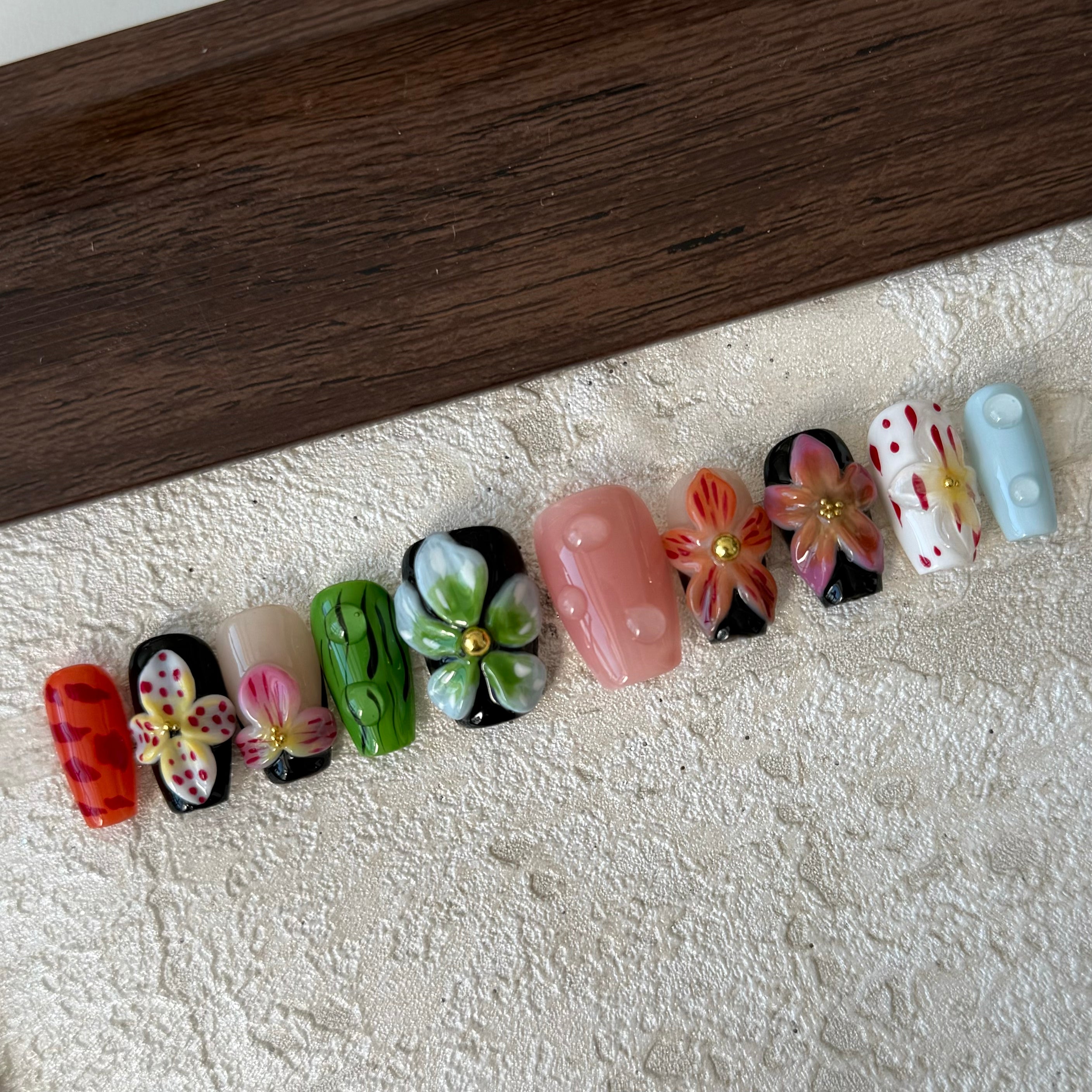 3D FLOWER-TEN PIECES OF HANDCRAFTED PRESS ON NAIL