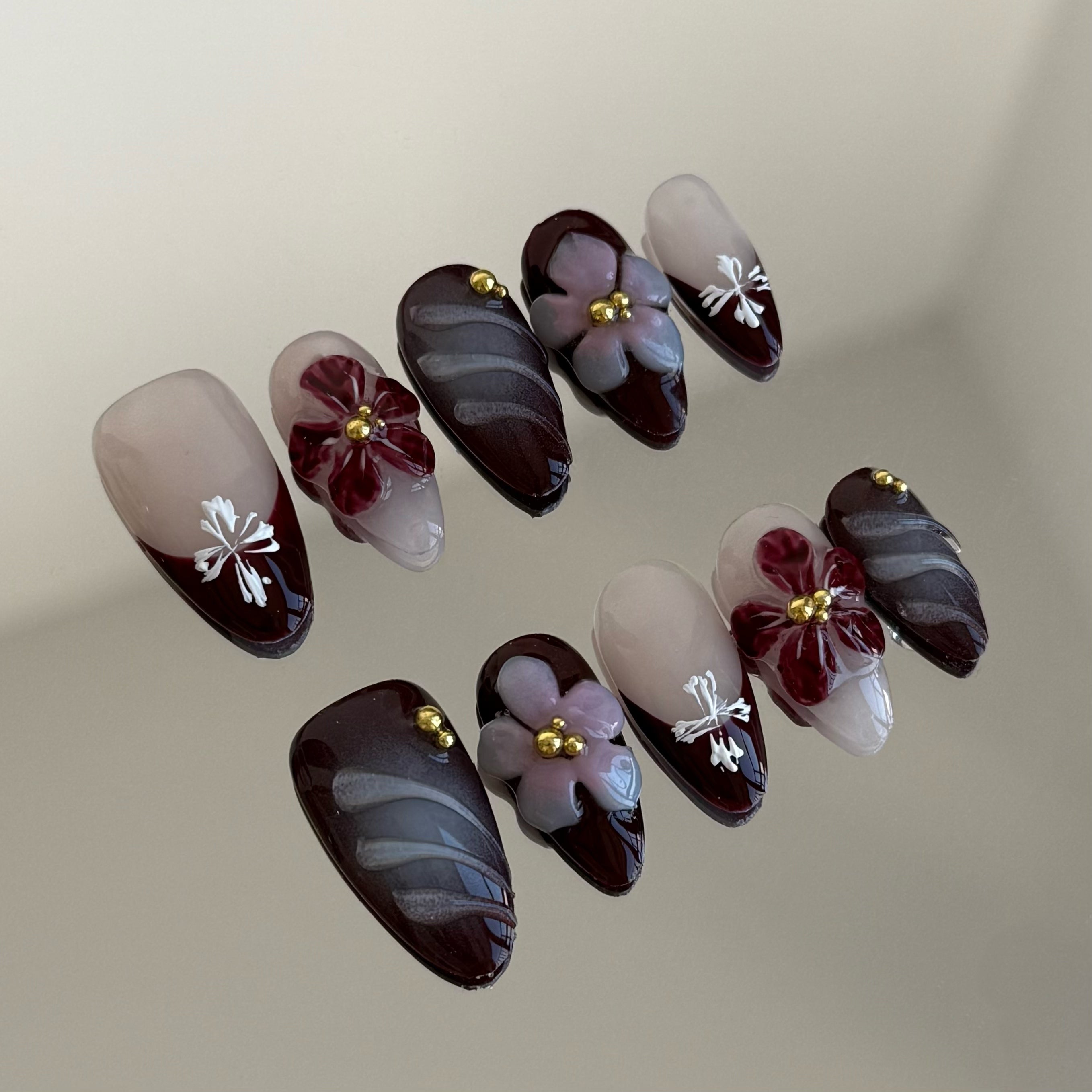 MORNING COFFEE-3D FLOWER TEN PIECES OF HANDCRAFTED PRESS ON NAIL