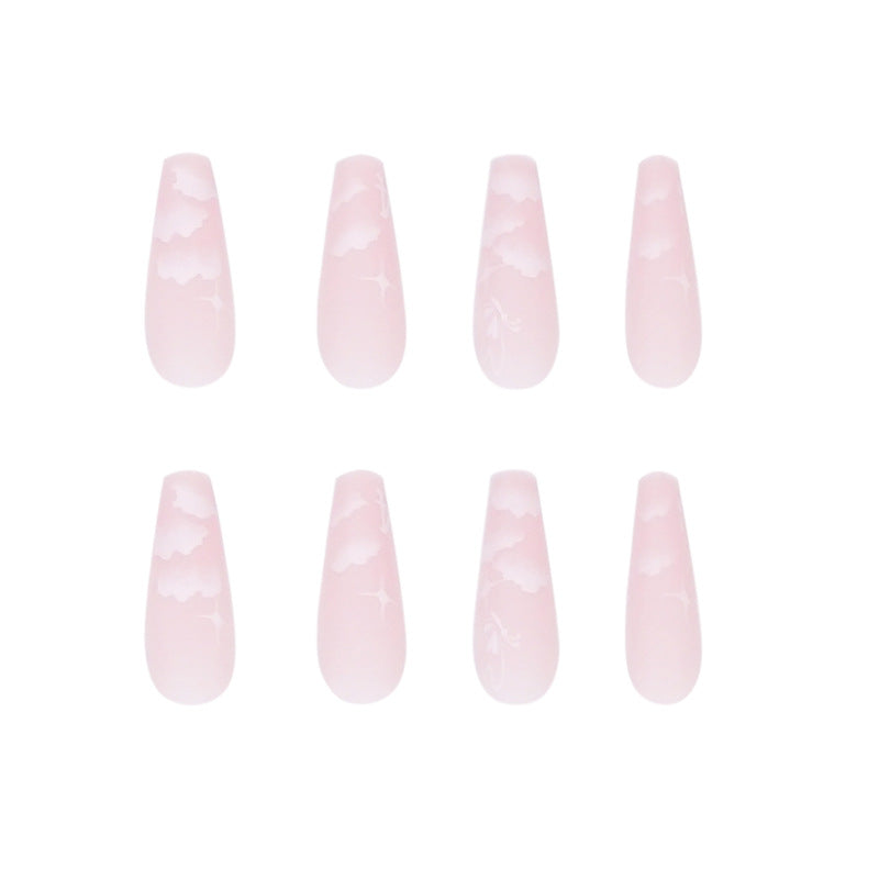 24 PCS LONG COFFIN PINK CLOUDS PRESS ON NAILS
