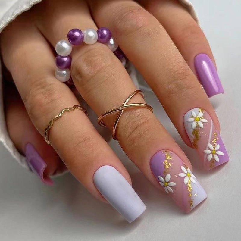 24 PCS MEDIUM SQUARE PURPLE FLOWERS PRESS ON NAILS