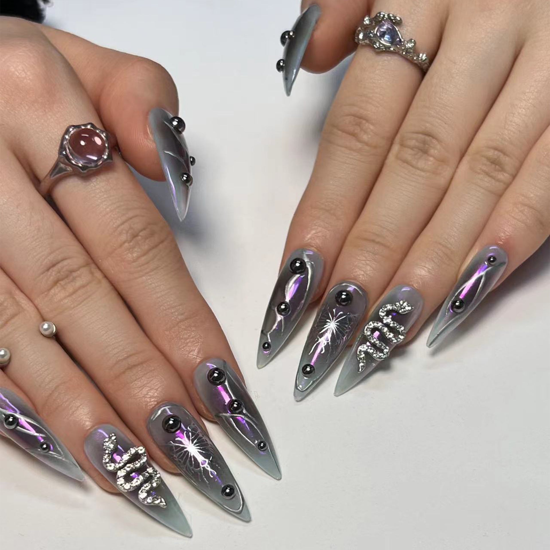 24PCS STILETTO PUNK WIND SNAKE PRESS ON NAILS