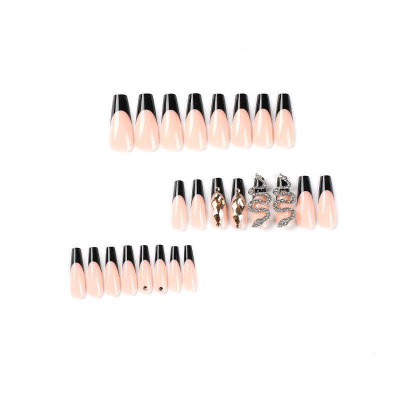 24 PCS LONG COFFIN BLACK FRENCH DRAGON PRESS ON NAILS