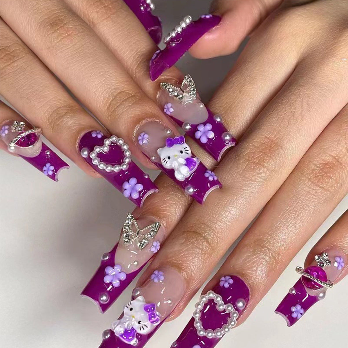 24 PCS LONG COFFIN KITTY PRESS ON NAILS