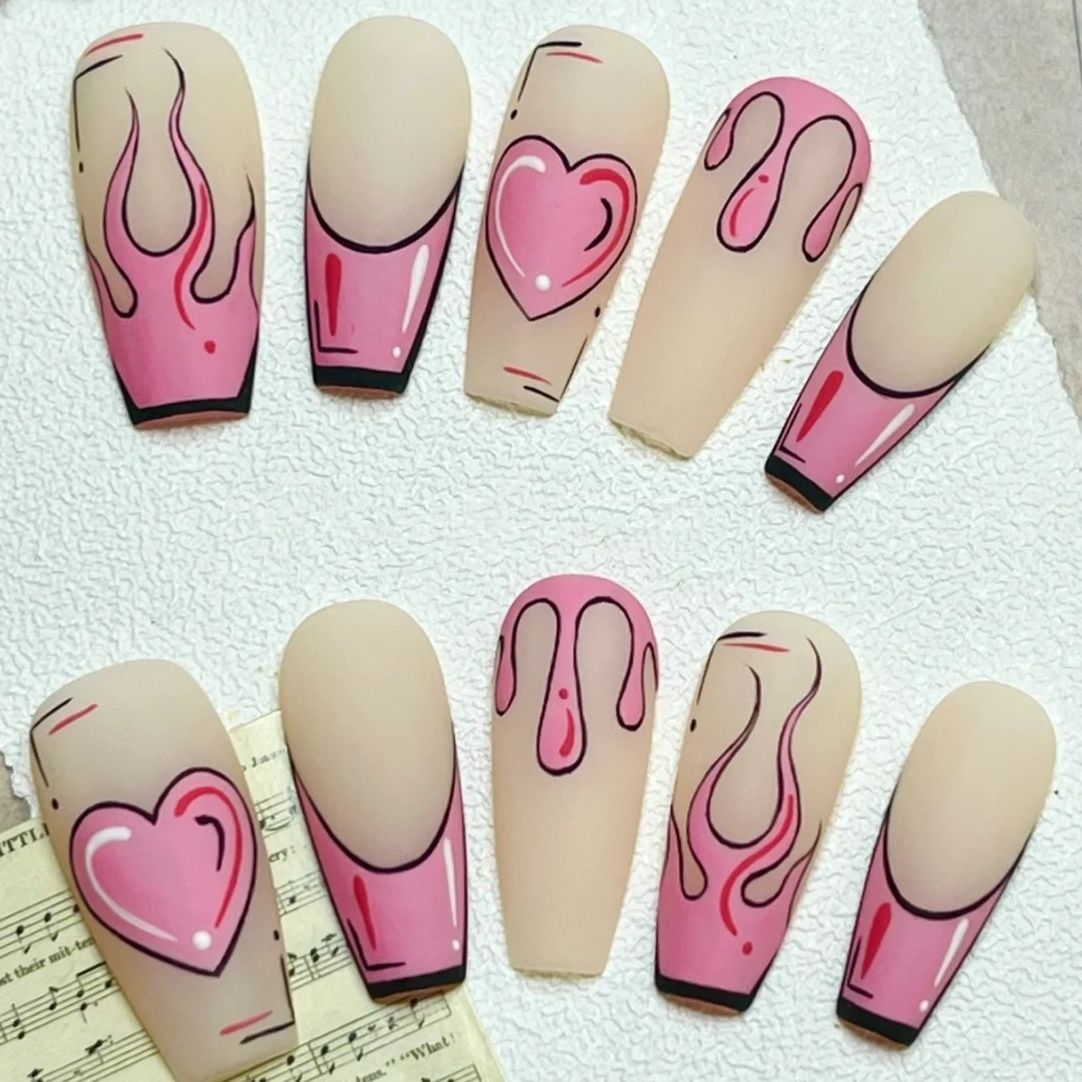 FIERY HEART - TEN PIECES OF HANDCRAFTED PRESS ON NAIL