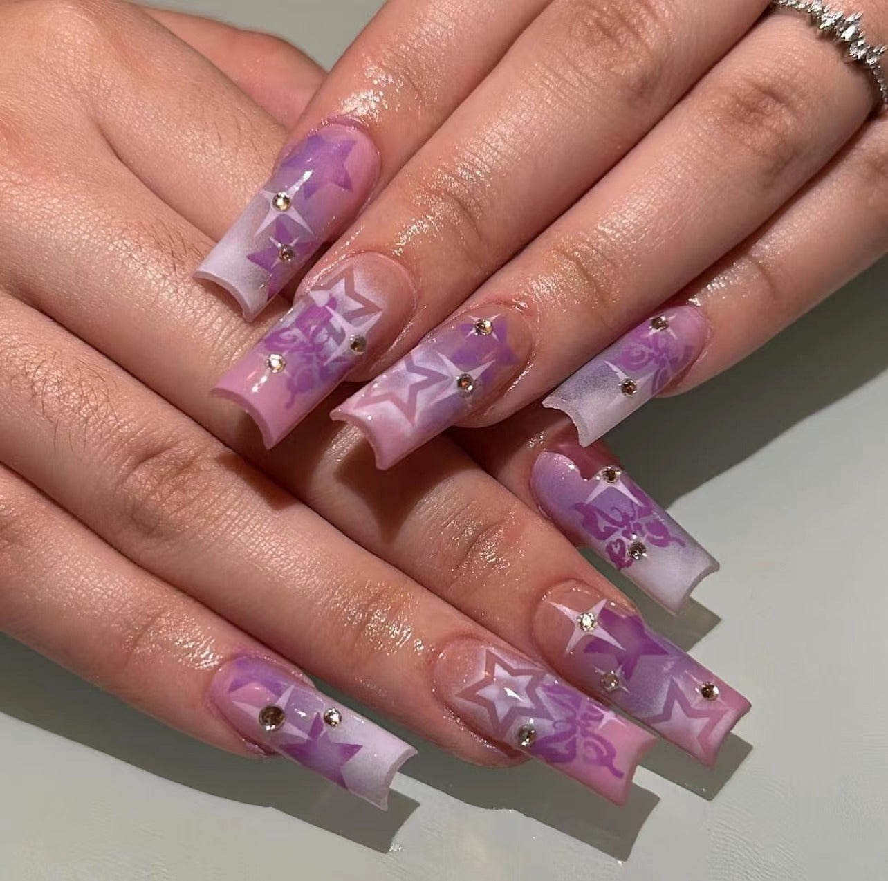 24PCS LONG SQUARE PURPLE STARS PRESS ON NAILS