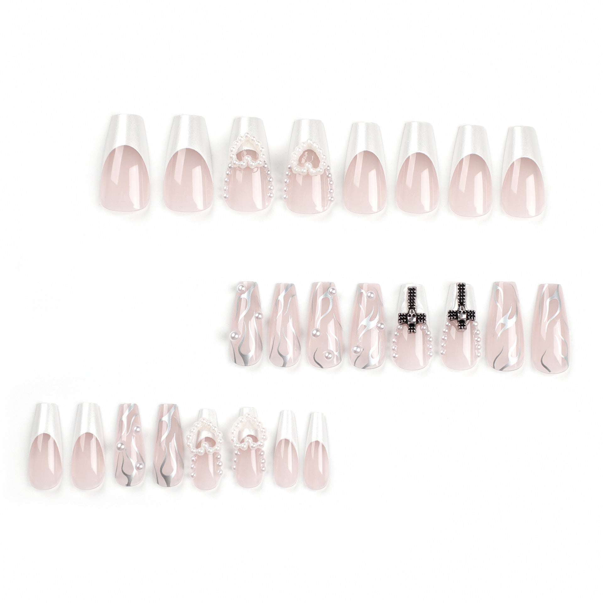 24 PCS LONG COFFIN PEARL CROSS PRESS ON NAILS