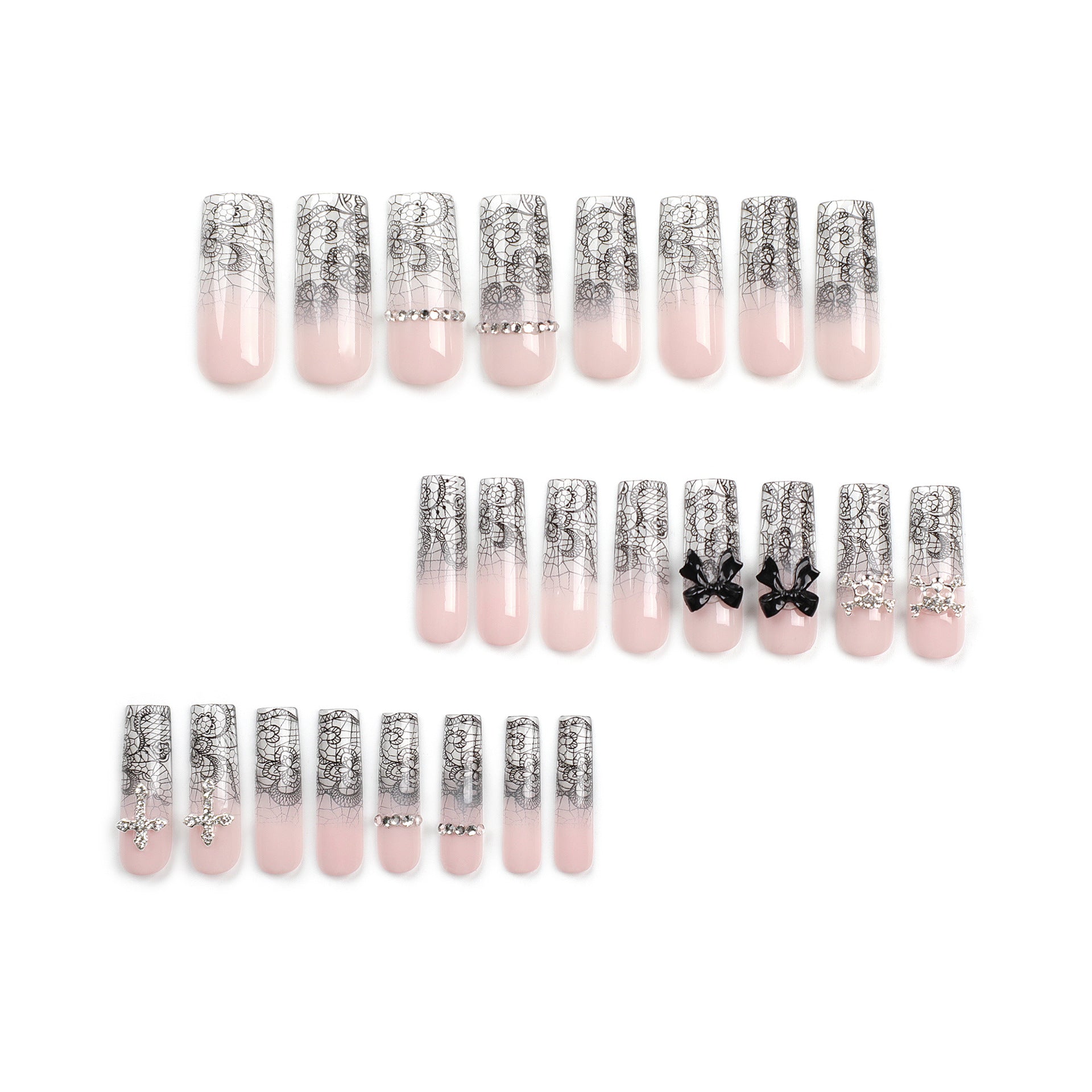 24 PCS LONG COFFIN BLACK CRYSTAL PRESS ON NAILS