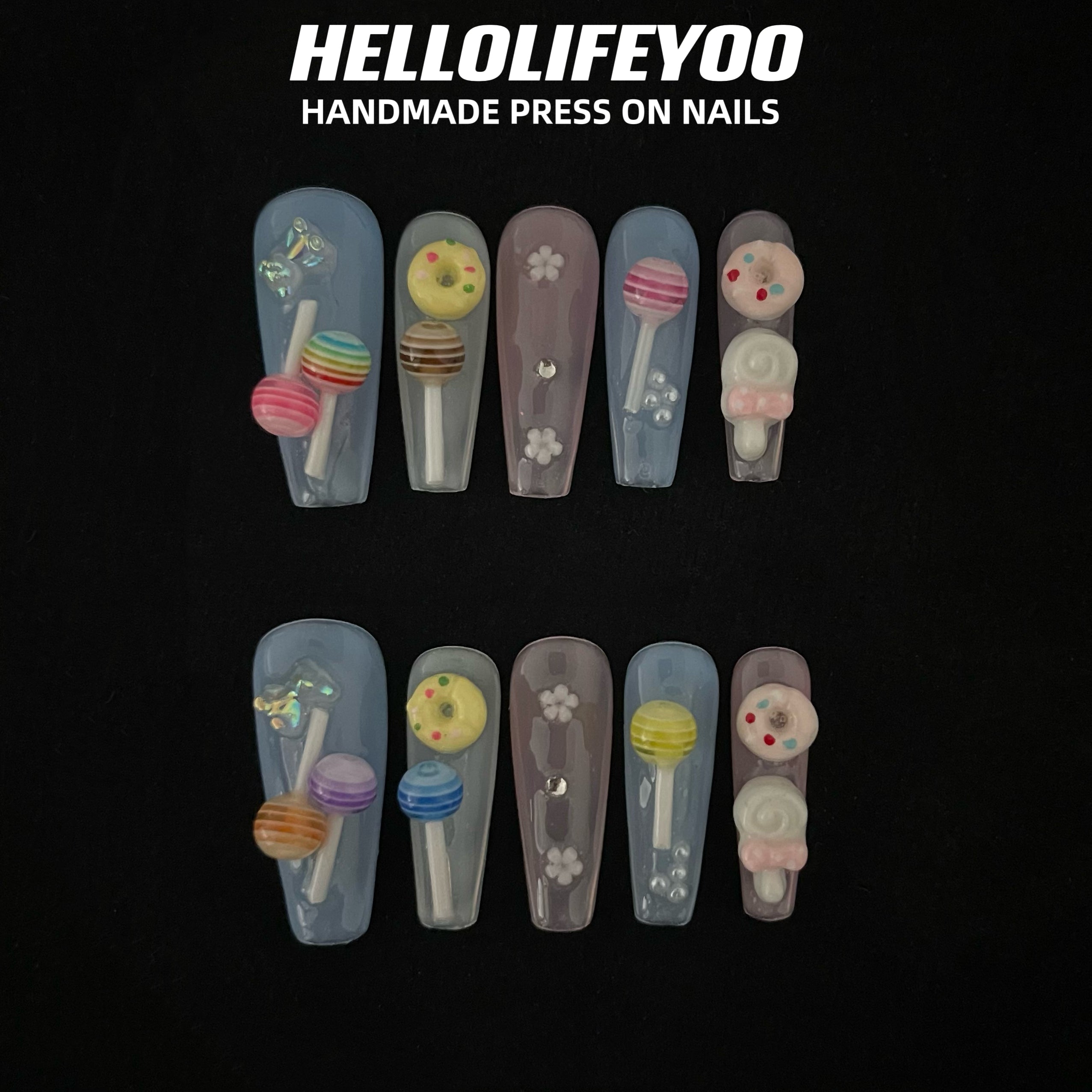 LOLLIPOP-TEN PIECES OF HANDCRAFTED PRESS ON NAIL