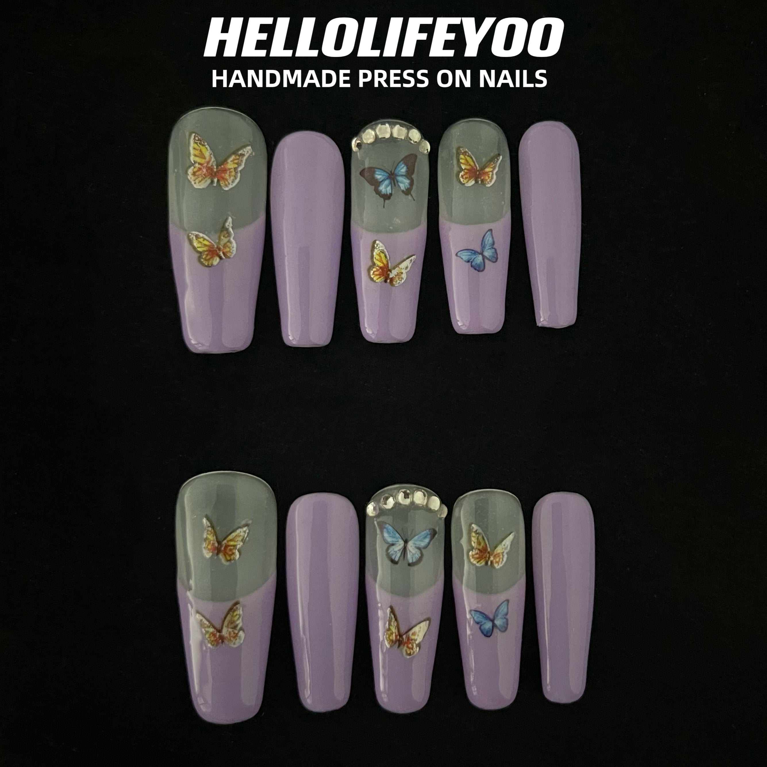 PURPLE BUTTERFLY-TEN PIECES OF HANDCRAFTED PRESS ON NAIL