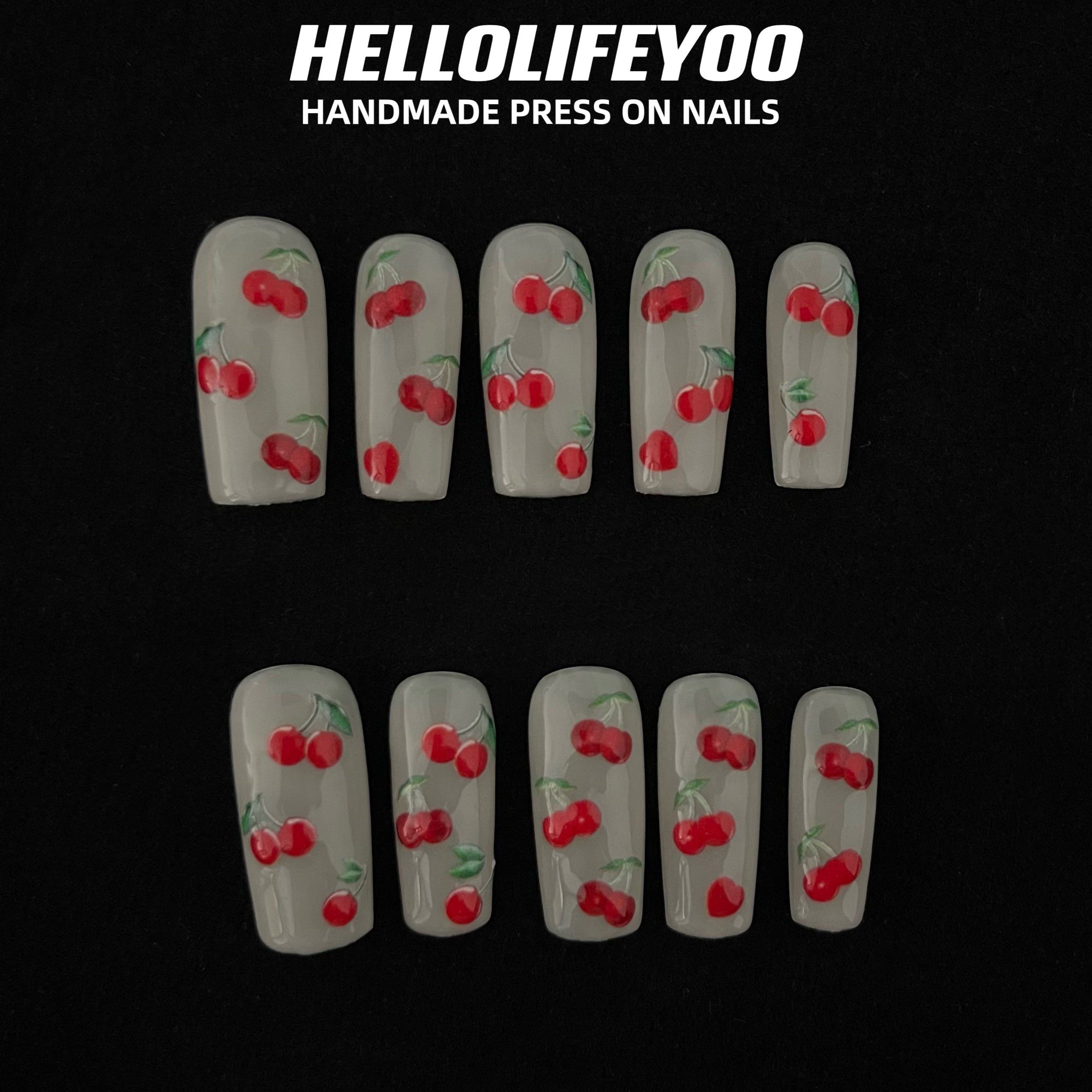 CHERRY- TEN PIECES OF HANDCRAFTED PRESS ON NAIL