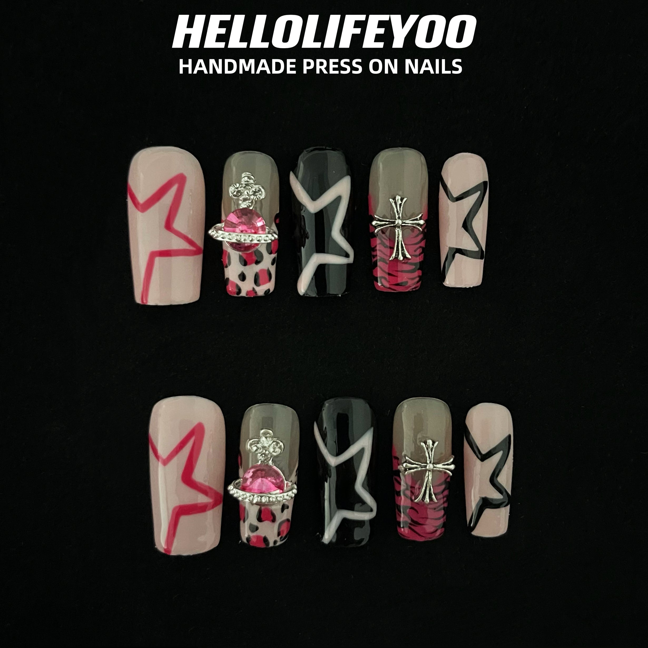 PINK LEOPARD-TEN PIECES OF HANDCRAFTED PRESS ON NAIL