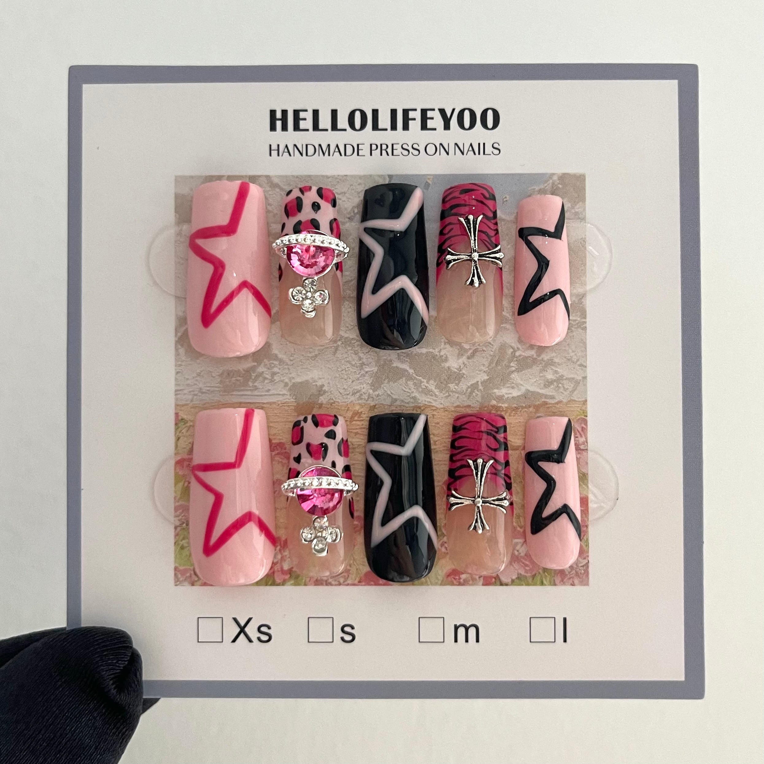 PINK LEOPARD-TEN PIECES OF HANDCRAFTED PRESS ON NAIL