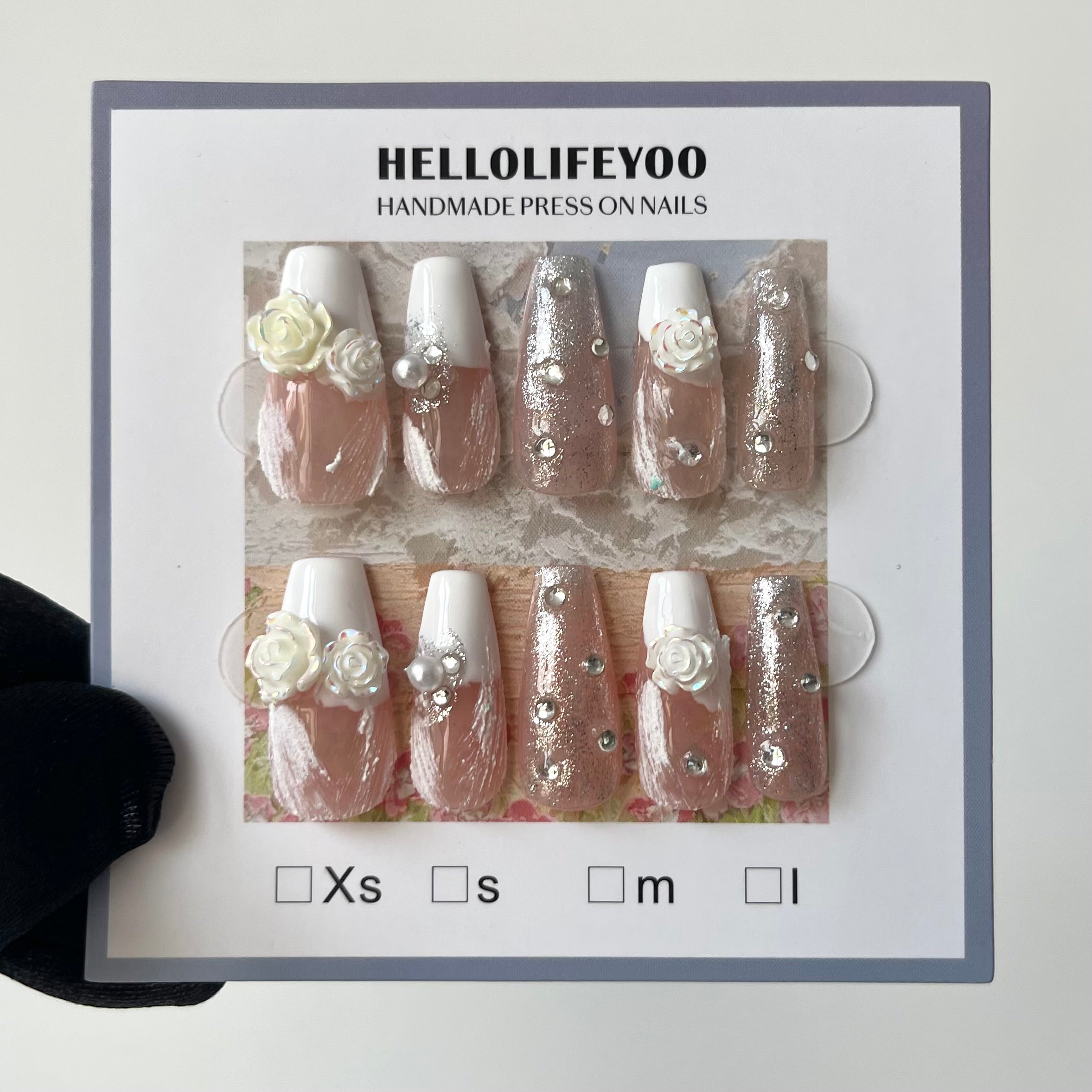 WHITE ROSE-TEN PIECES OF HANDCRAFTED PRESS ON NAIL