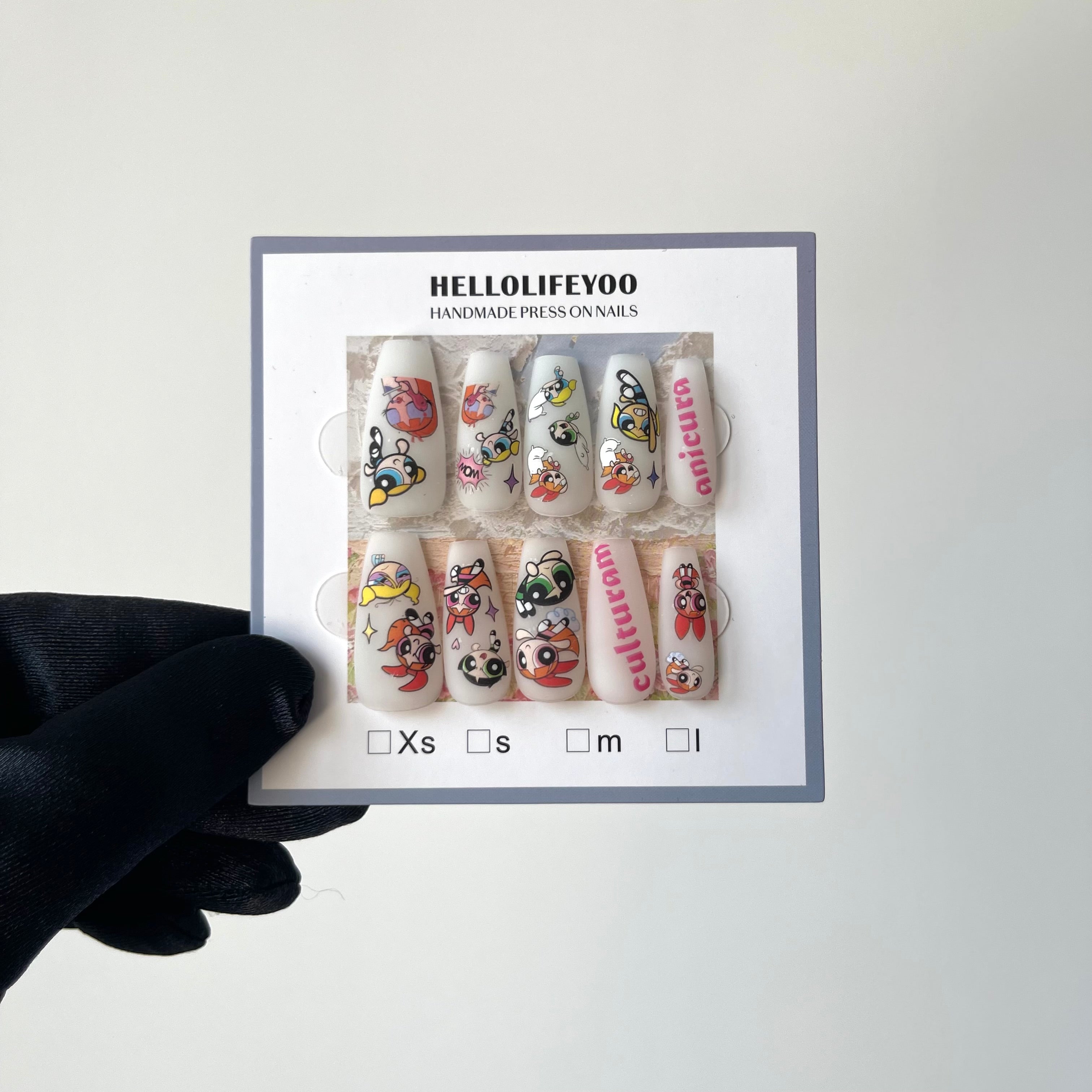 POWERPUFF GIRLS-TEN PIECES OF HANDCRAFTED PRESS ON NAIL