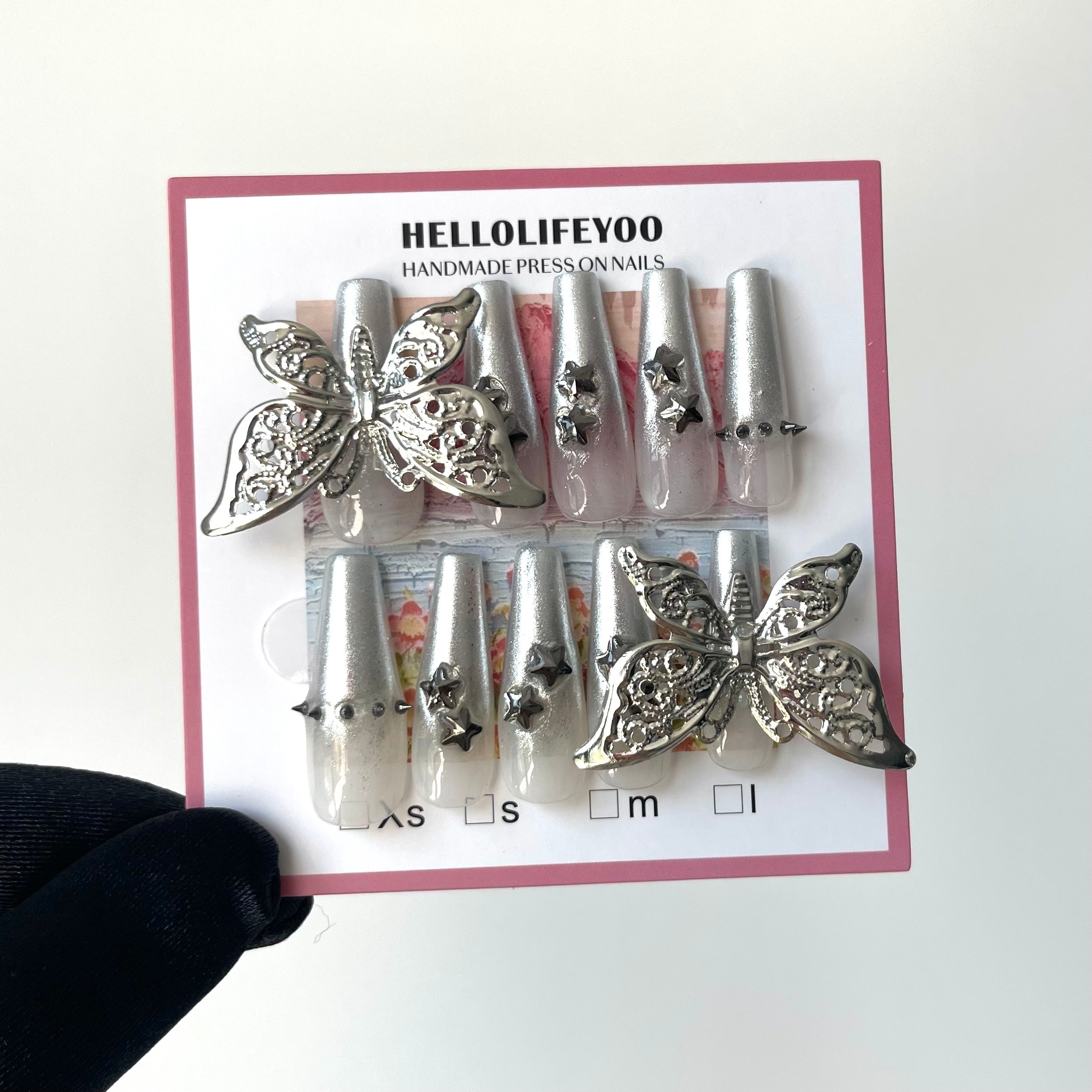 SILVER BUTTERFLY- TEN PIECES OF HANDCRAFTED PRESS ON NAIL