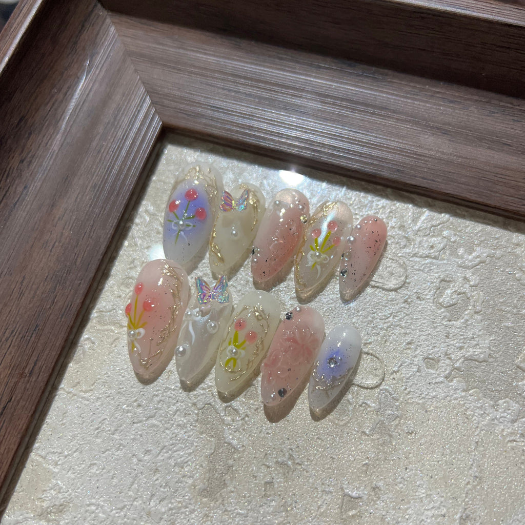 SPRING-3D FLOWER TEN PIECES OF HANDCRAFTED PRESS ON NAIL