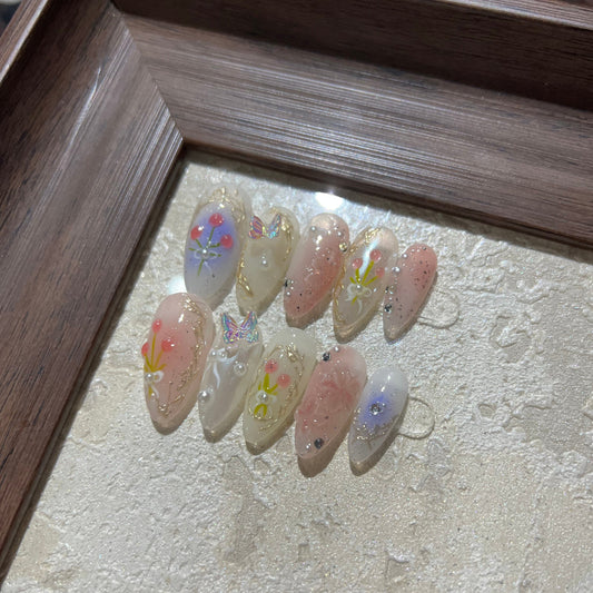 SPRING-3D FLOWER TEN PIECES OF HANDCRAFTED PRESS ON NAIL