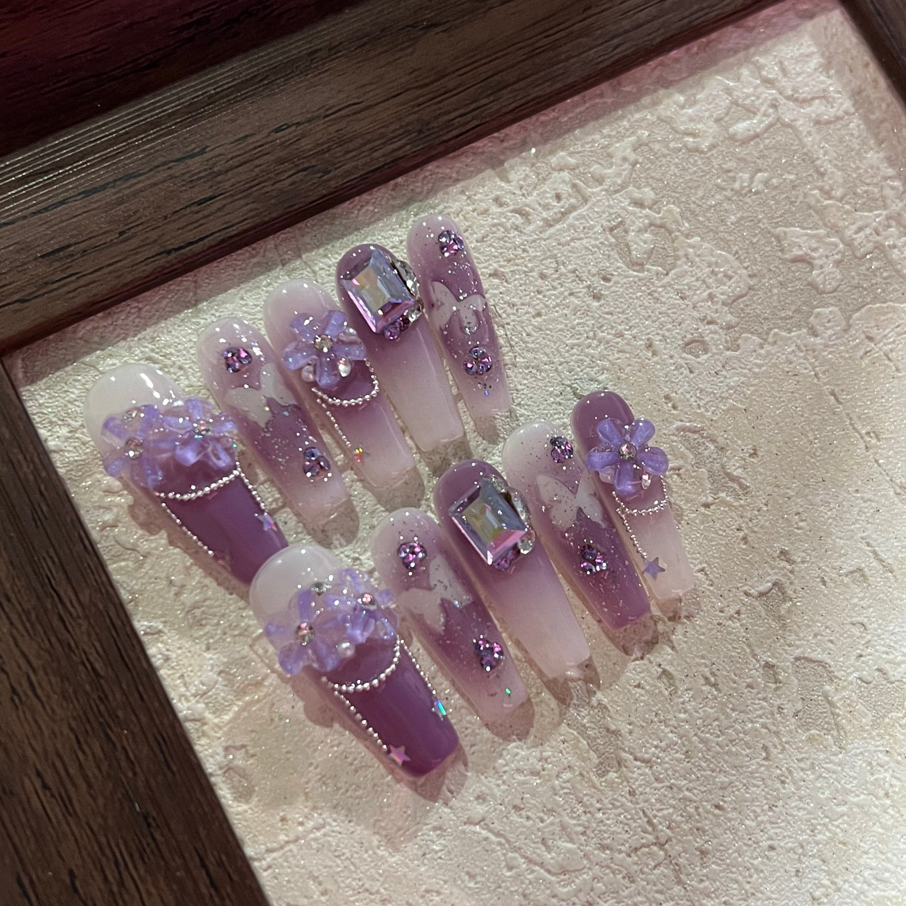 3D PURPLE FLOWER-TEN PIECES OF HANDCRAFTED PRESS ON NAIL