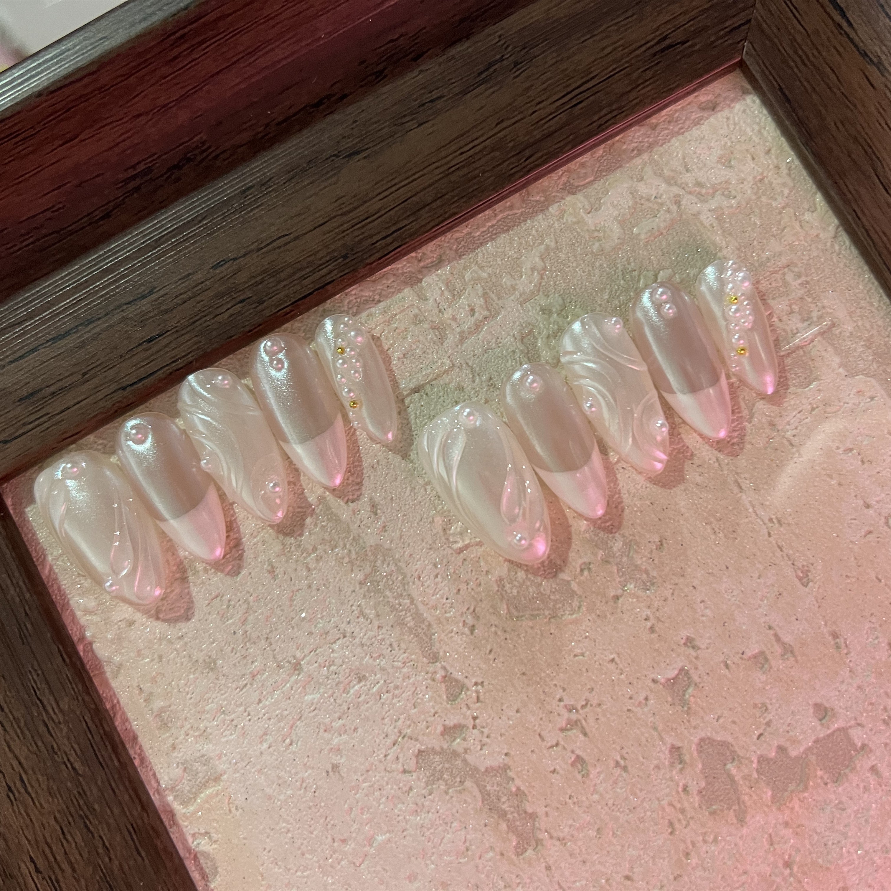 ETHEREAL-TEN PIECES OF 3D ALMOND HANDCRAFTED PRESS ON NAIL