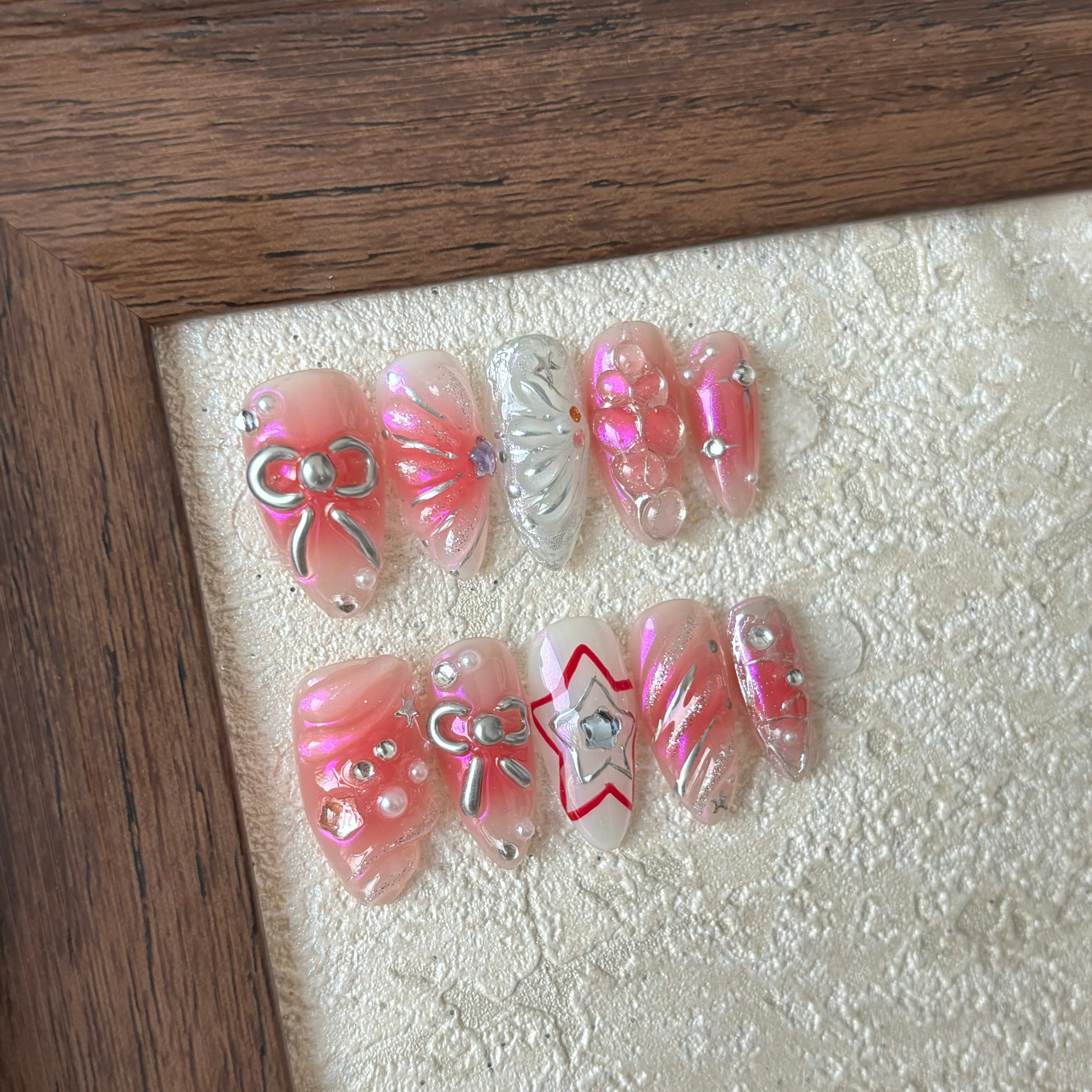 TO CHERISH-TEN PIECES OF 3D ALMOND HANDCRAFTED PRESS ON NAIL