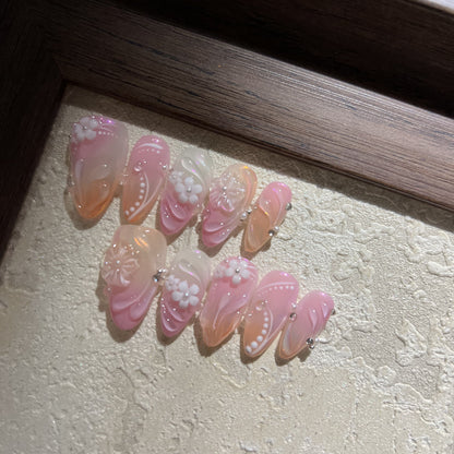 PINK CHAMPAGNE-3D FLOWER TEN PIECES OF HANDCRAFTED PRESS ON NAIL