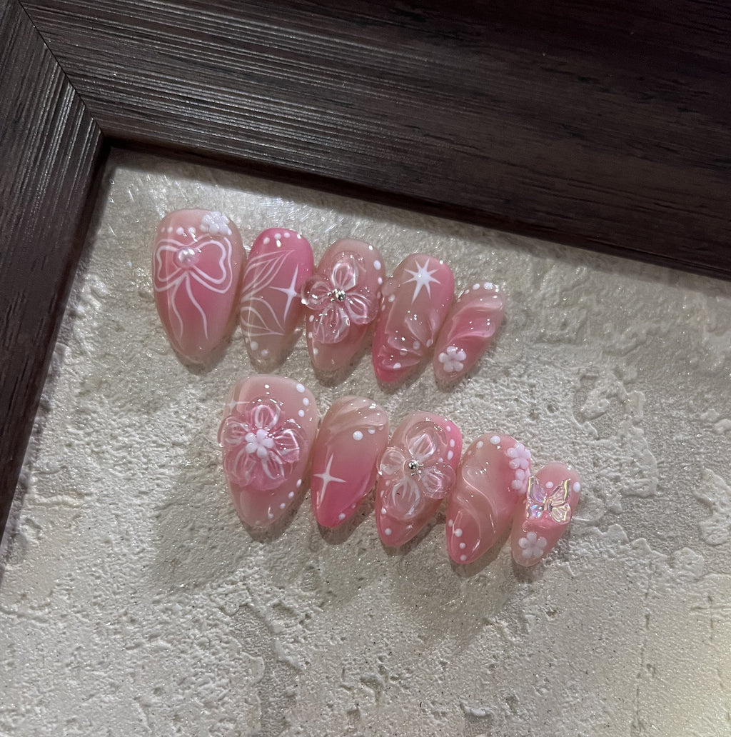 HEARTBEAT SIGNAL-3D FLOWER TEN PIECES OF HANDCRAFTED PRESS ON NAIL
