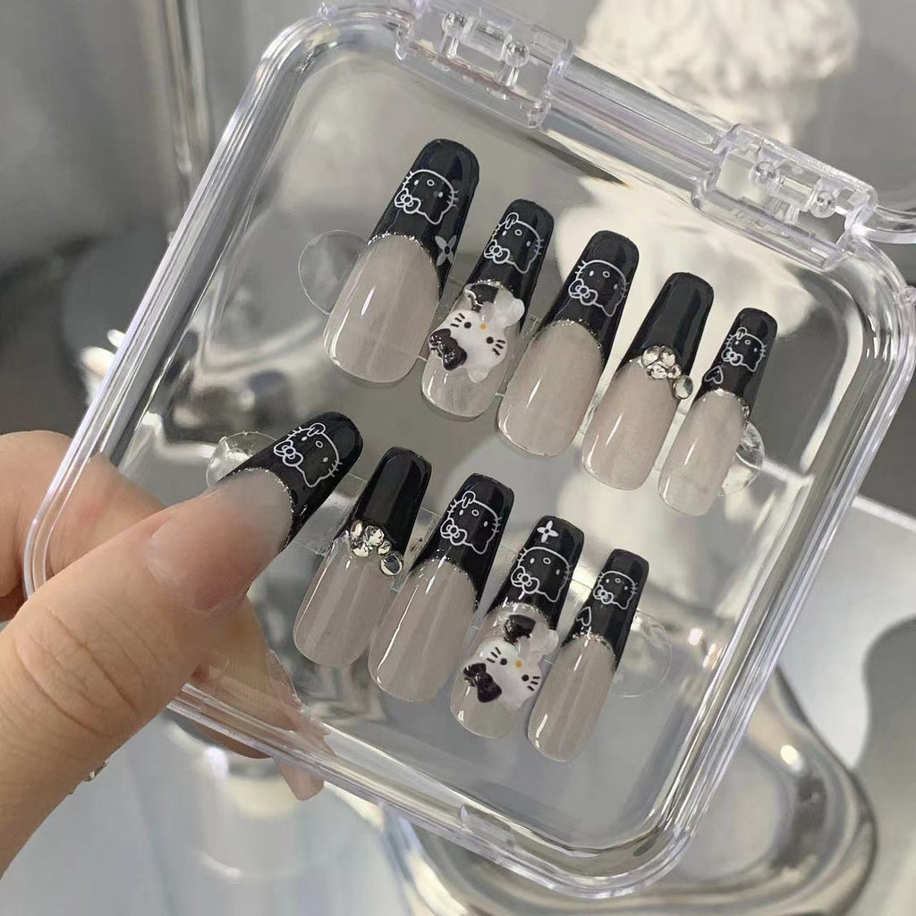BLACK KITTY-TEN PIECES OF HANDCRAFTED PRESS ON NAIL