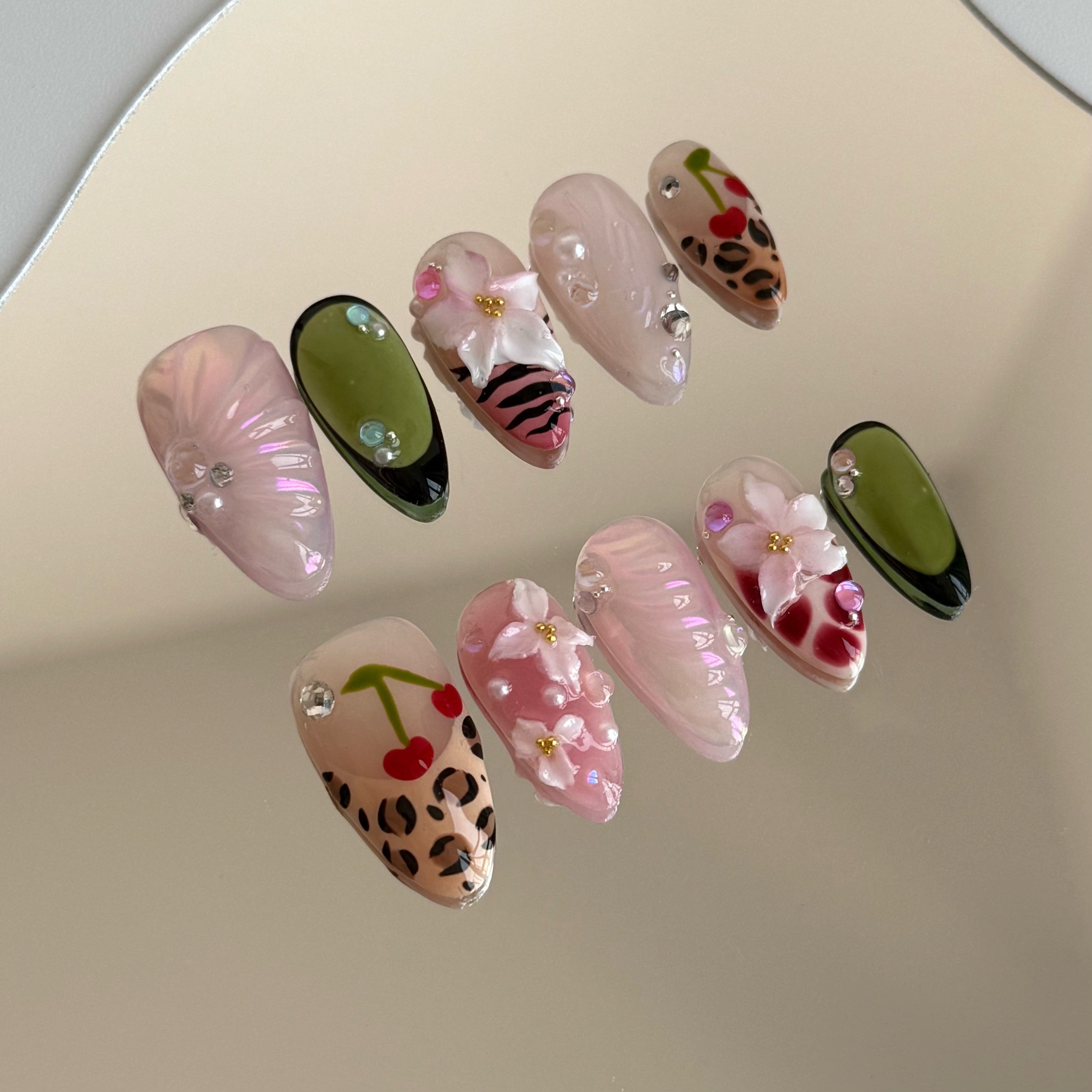 WILD CHERRY-3D FLOWER TEN PIECES OF HANDCRAFTED PRESS ON NAIL