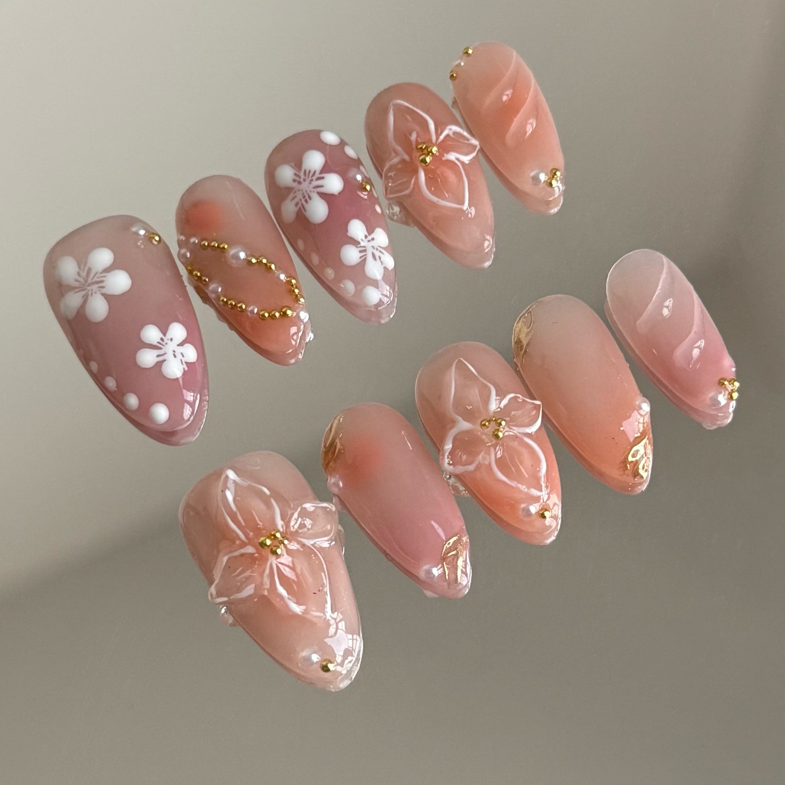 ORANGE BLOSSOM-3D FLOWER TEN PIECES OF HANDCRAFTED PRESS ON NAIL