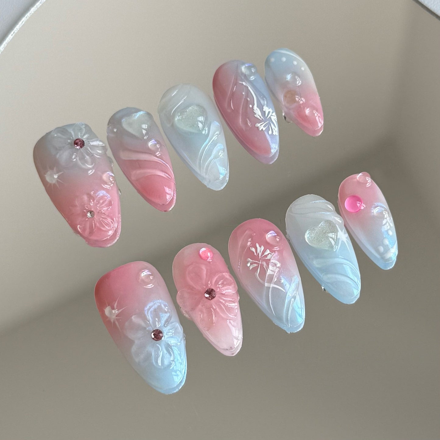 CELESTIAL-3D FLOWER TEN PIECES OF HANDCRAFTED PRESS ON NAIL