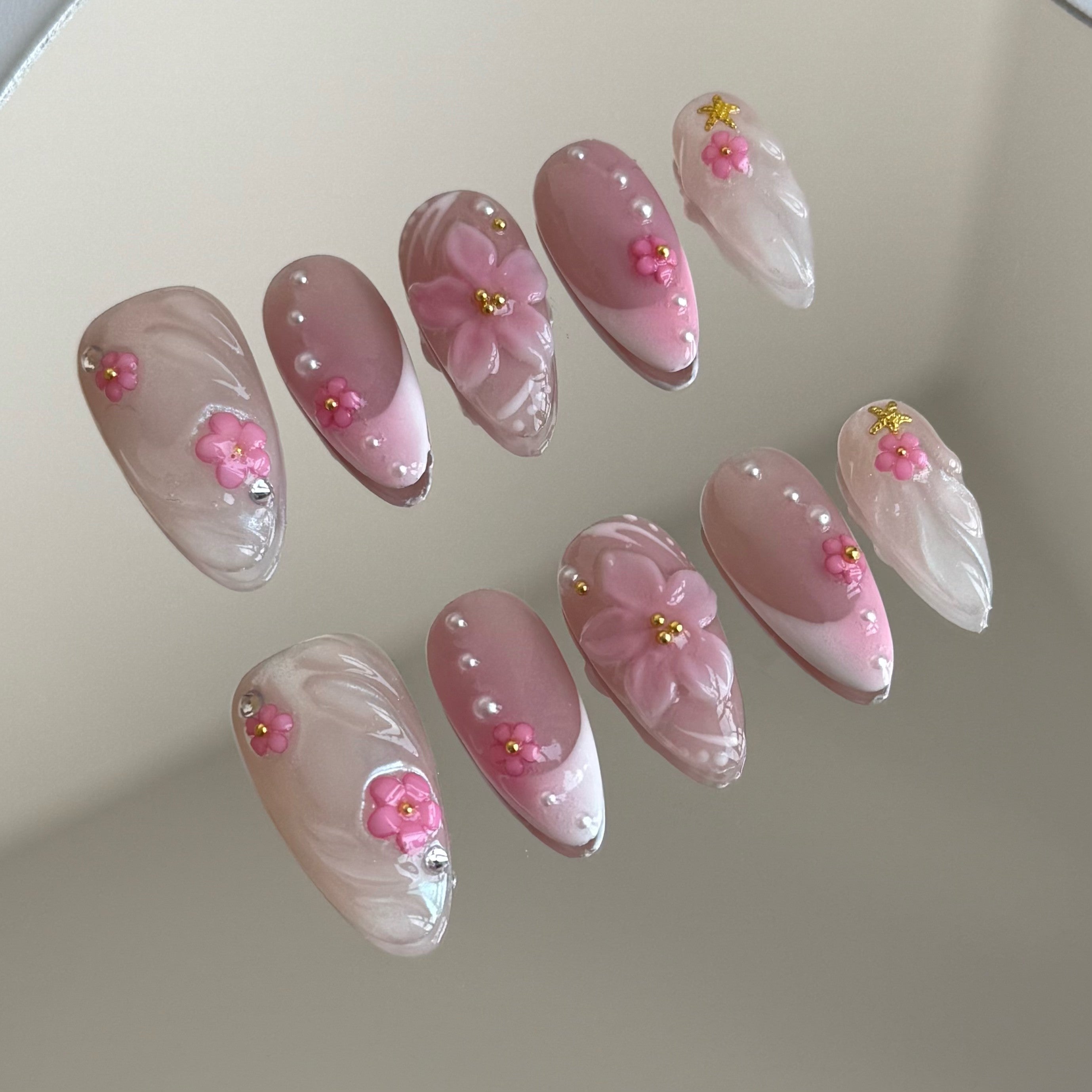 PINK SAKURA-3D FLOWER TEN PIECES OF HANDCRAFTED PRESS ON NAIL