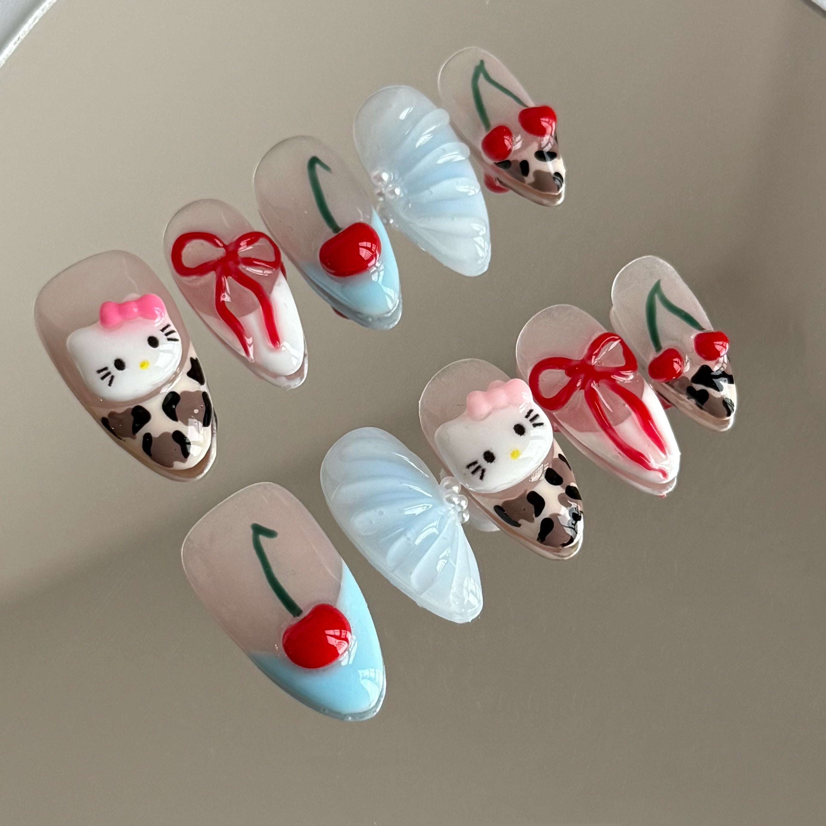 CHERRY KITTEN-3D TEN PIECES OF HANDCRAFTED PRESS ON NAIL