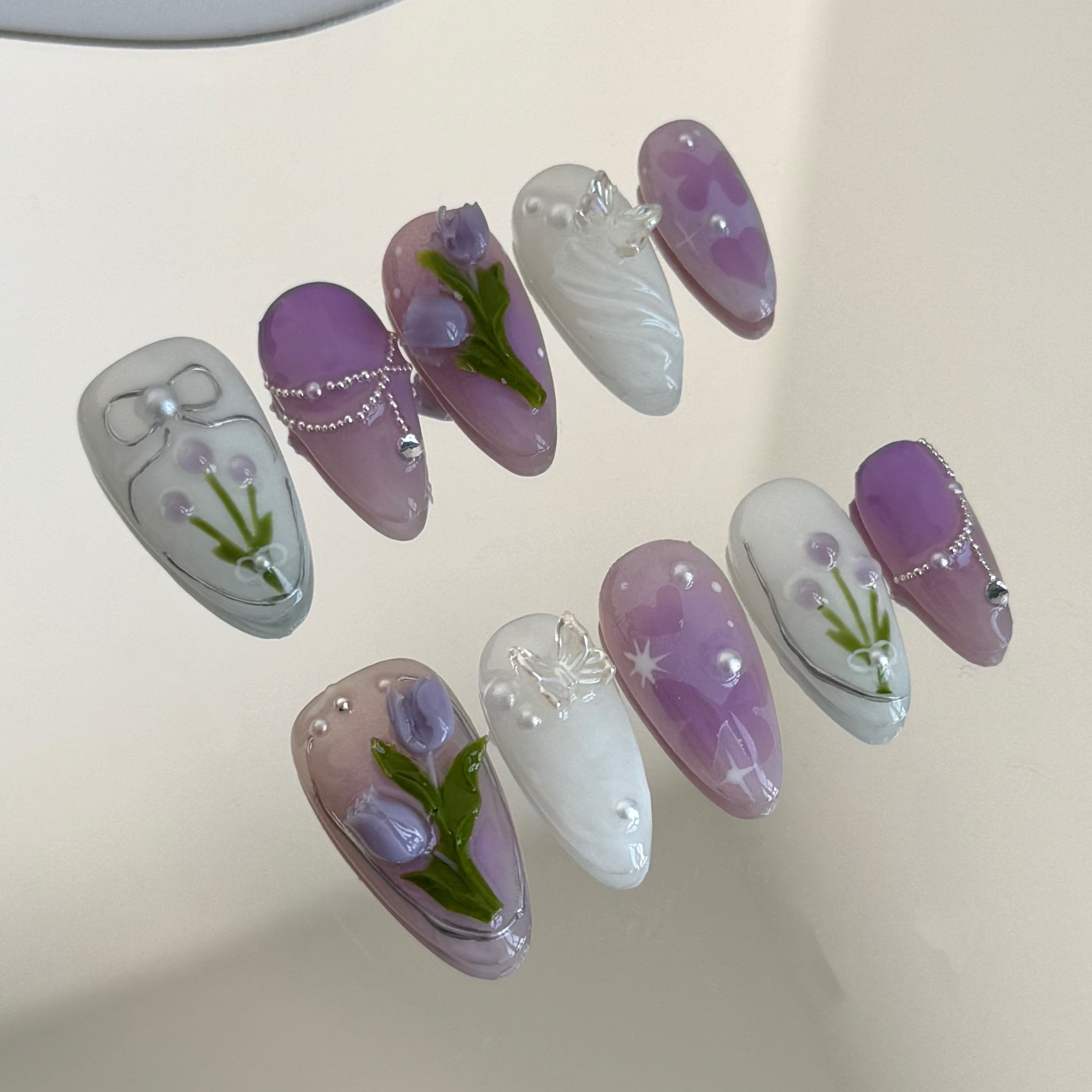 PURPLE TULIPS-3D FLOWER TEN PIECES OF HANDCRAFTED PRESS ON NAIL