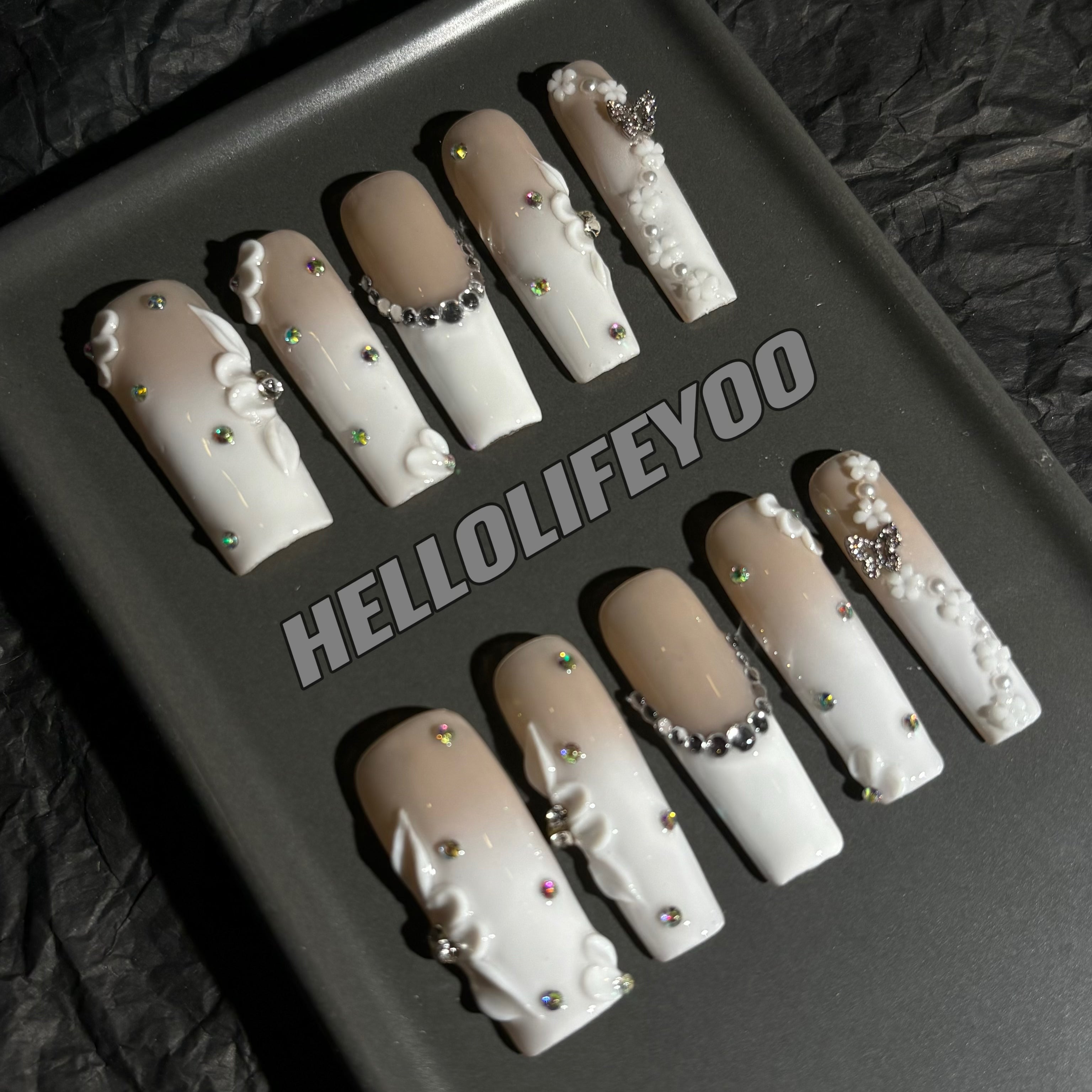 3D WHITE FLOWERS-TEN PIECES OF HANDCRAFTED PRESS ON NAIL