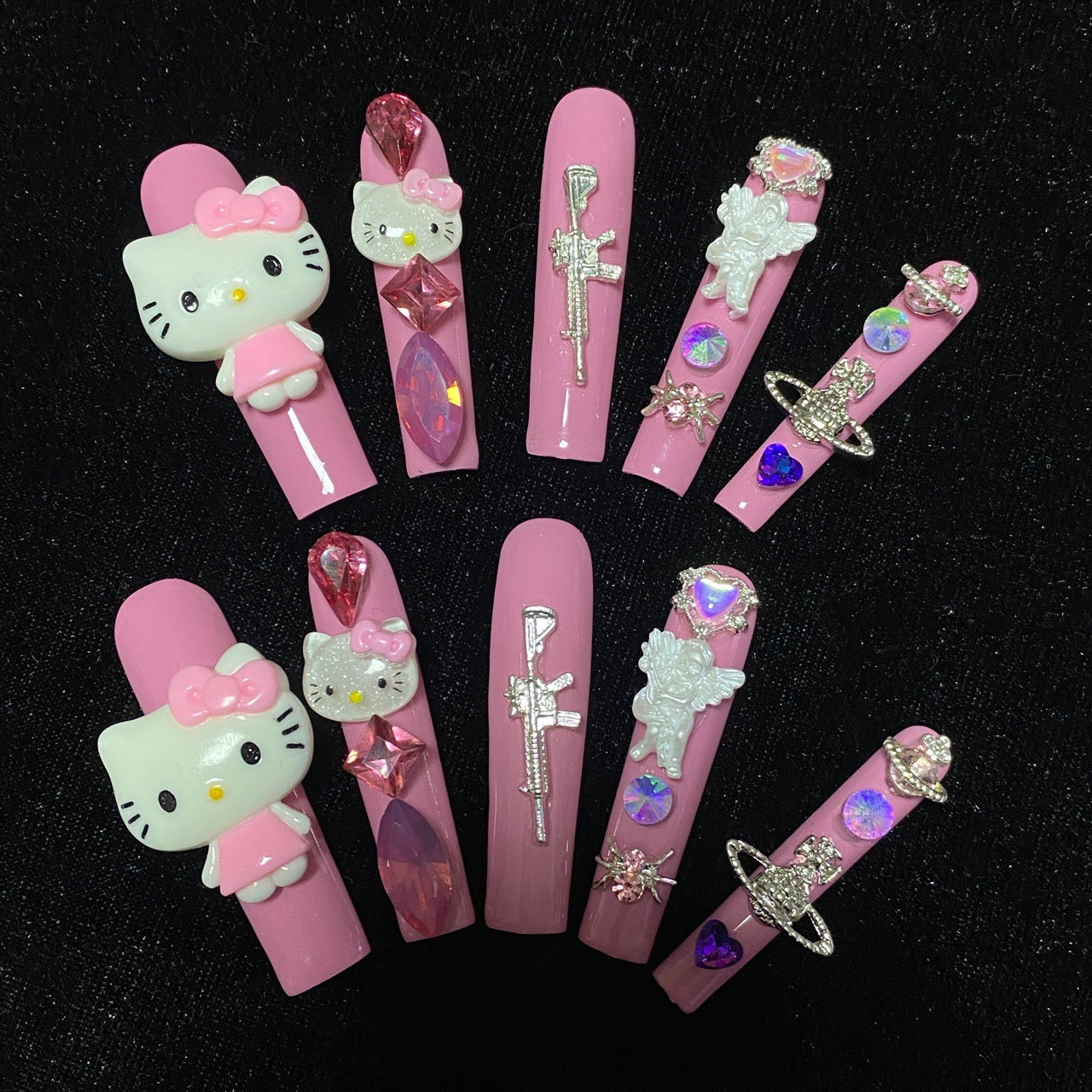 HELLOKITTY-TEN PIECES OF HANDCRAFTED EXTRA LONG PRESS ON NAIL