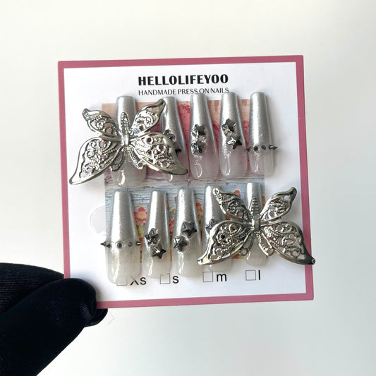 SILVER BUTTERFLY- TEN PIECES OF HANDCRAFTED PRESS ON NAIL
