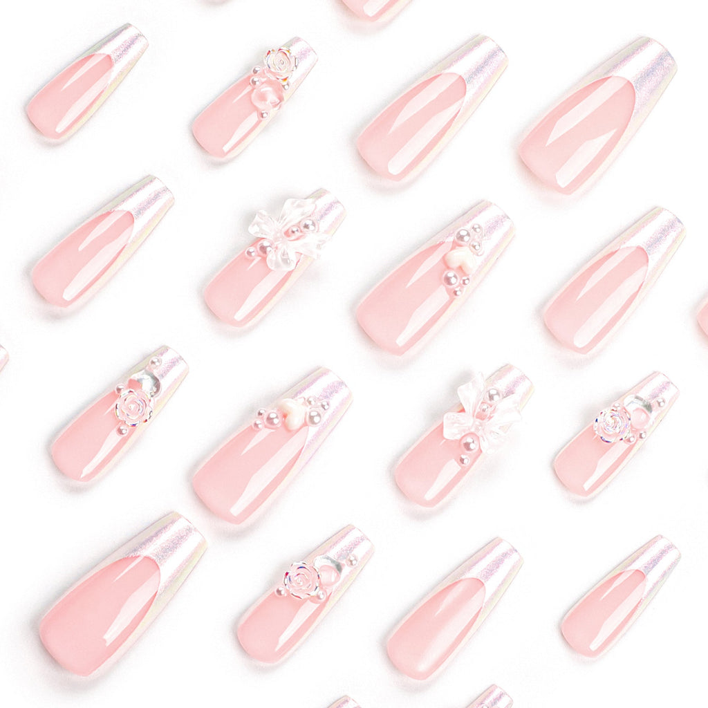 24 PCS LONG COFFIN CUTE BOW PRESS ON NAILS
