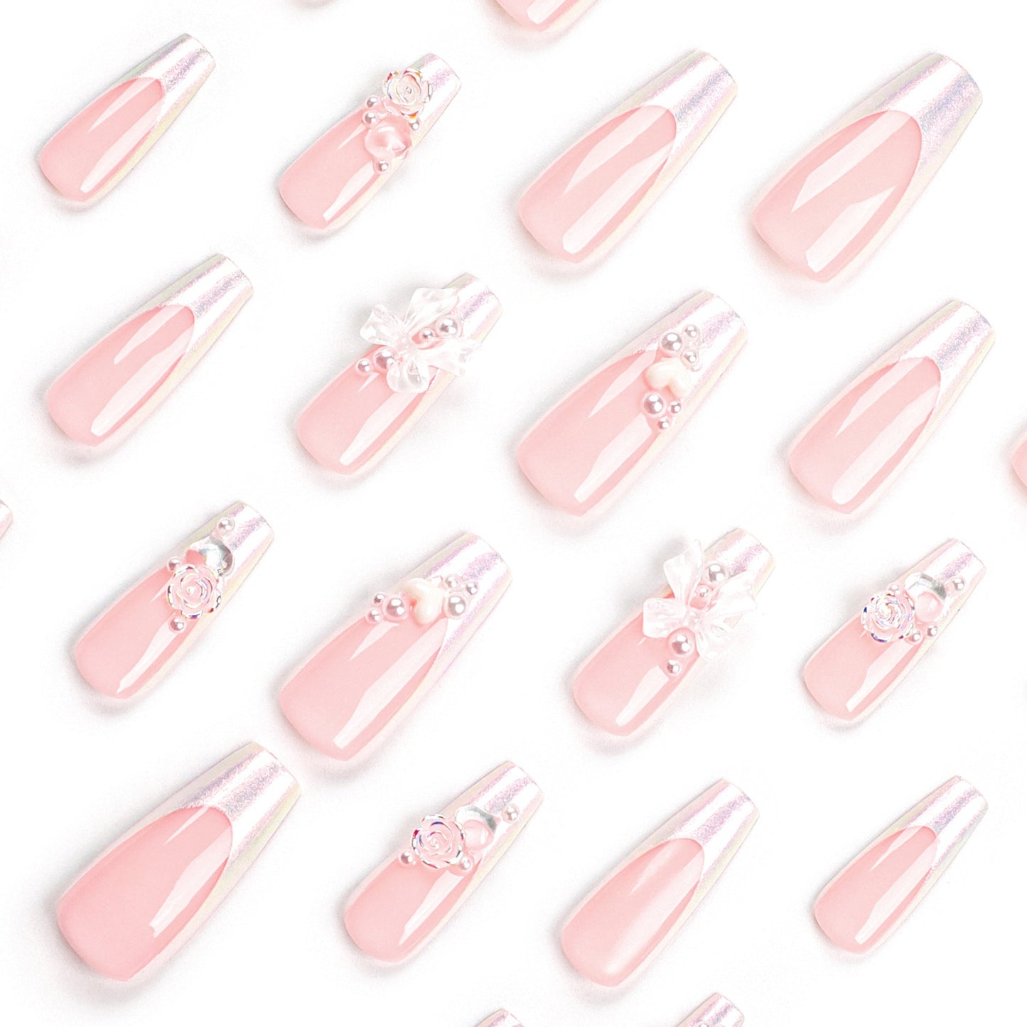 24 PCS LONG COFFIN CUTE BOW PRESS ON NAILS