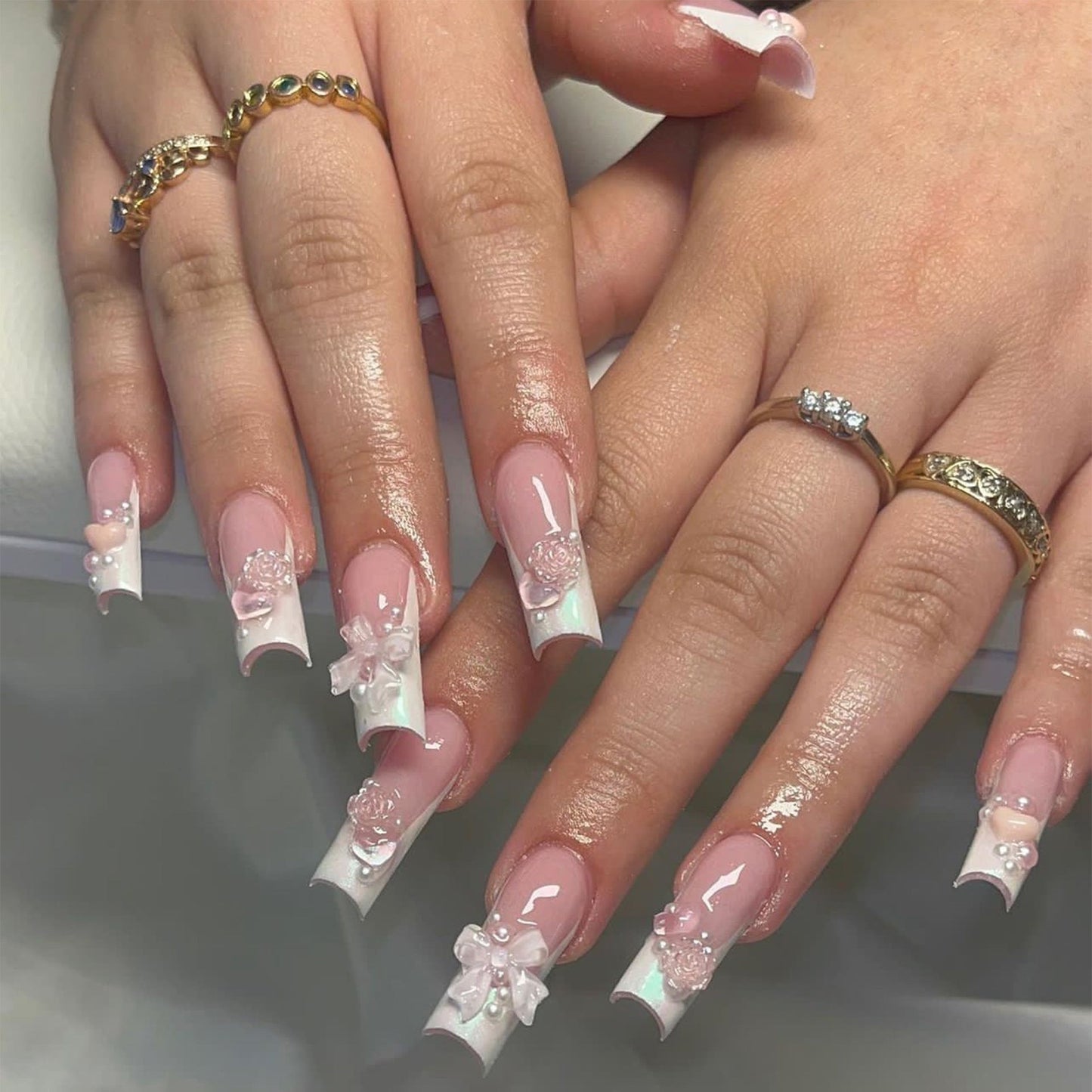 24 PCS LONG COFFIN CUTE BOW PRESS ON NAILS