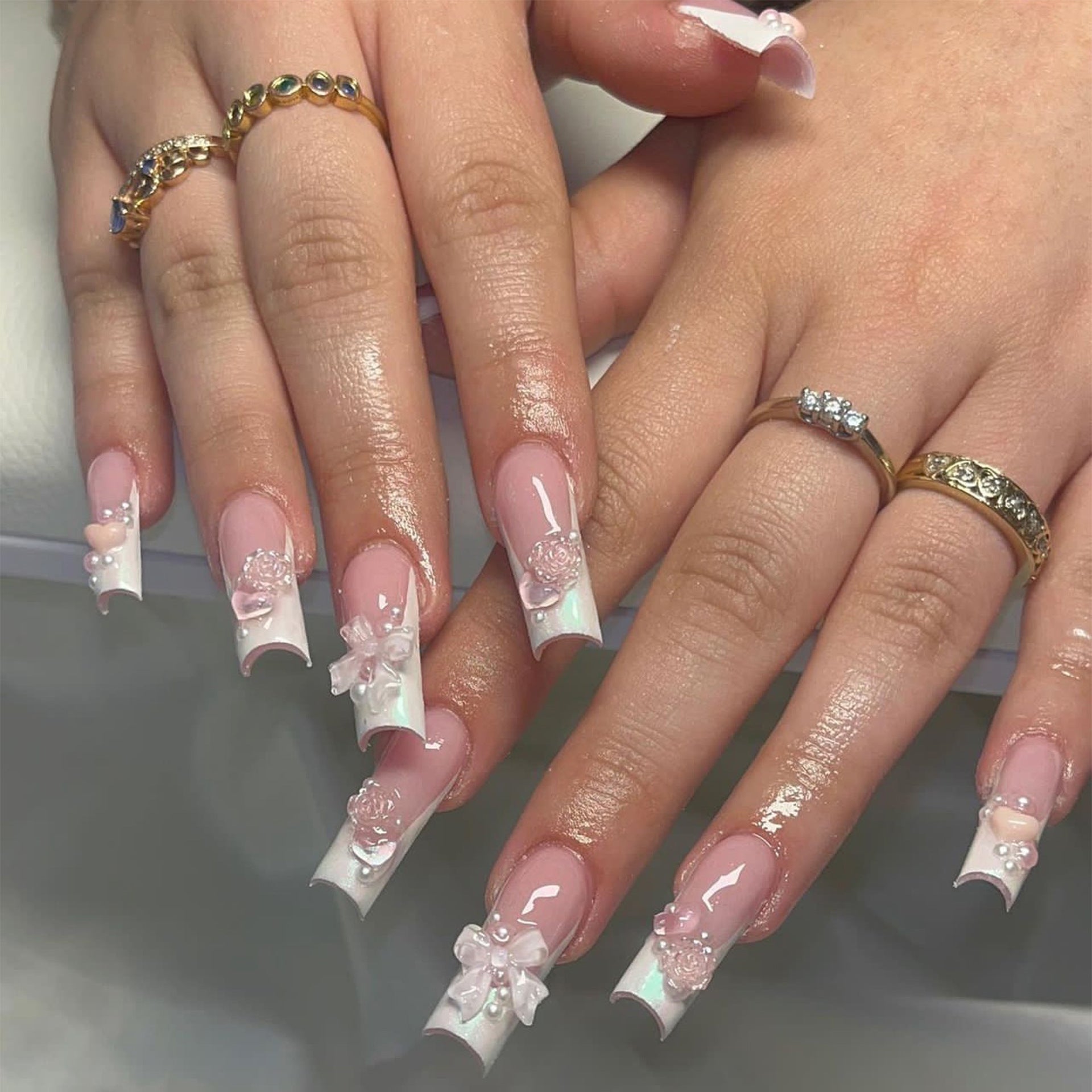 24 PCS LONG COFFIN CUTE BOW PRESS ON NAILS