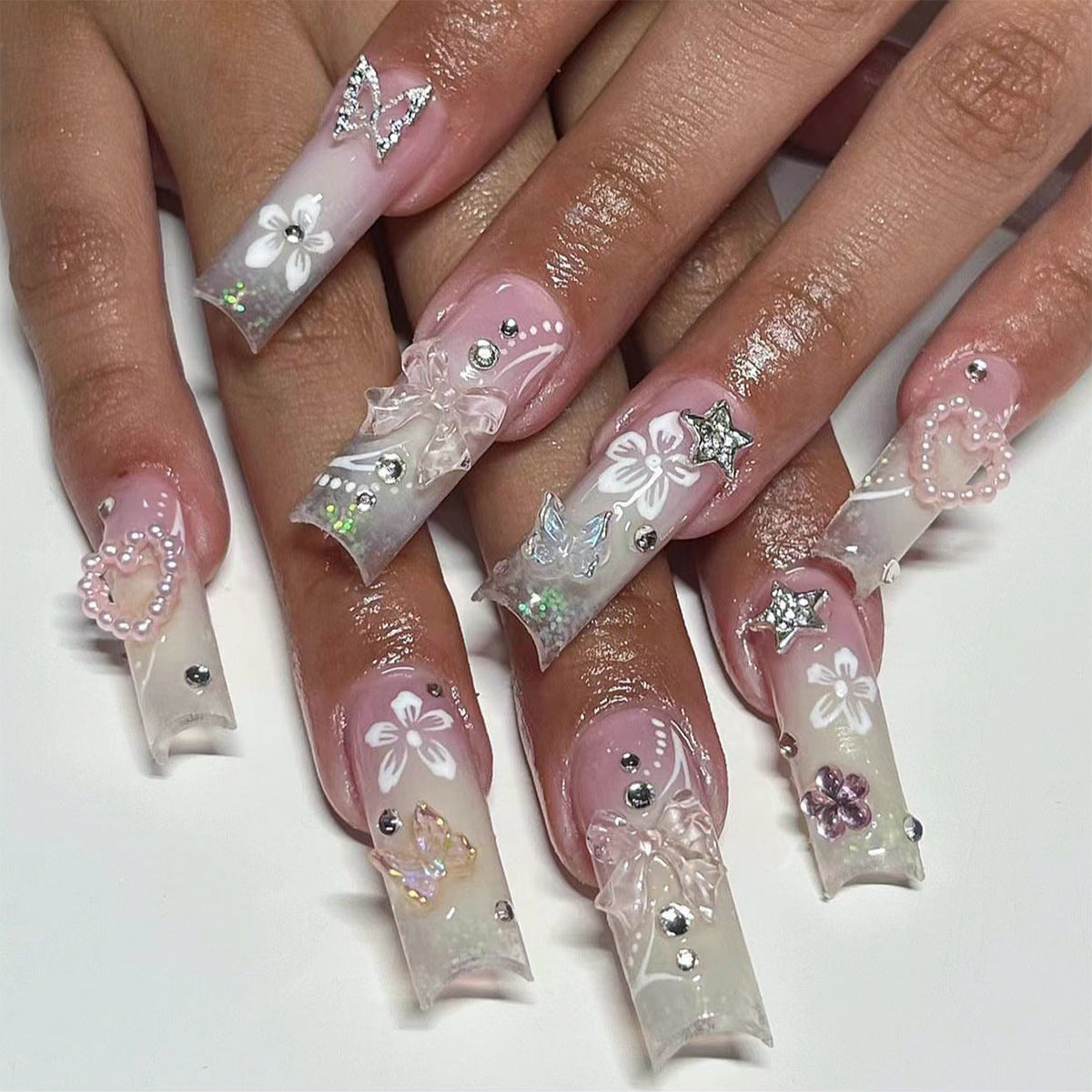 24PCS LONG COFFIN BUTTERFLY NAILS