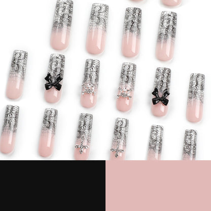24 PCS LONG COFFIN BLACK CRYSTAL PRESS ON NAILS
