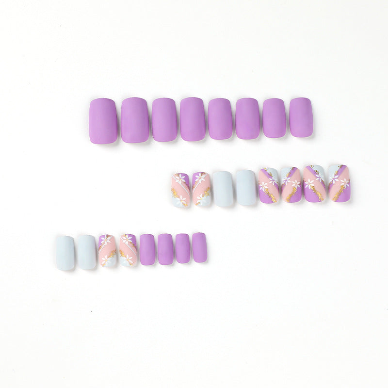 24 PCS MEDIUM SQUARE PURPLE FLOWERS PRESS ON NAILS