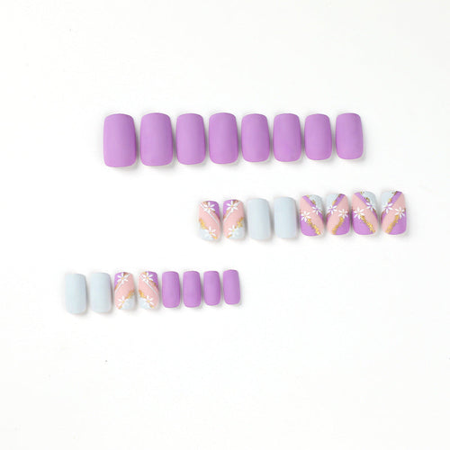 24 PCS MEDIUM SQUARE PURPLE FLOWERS PRESS ON NAILS