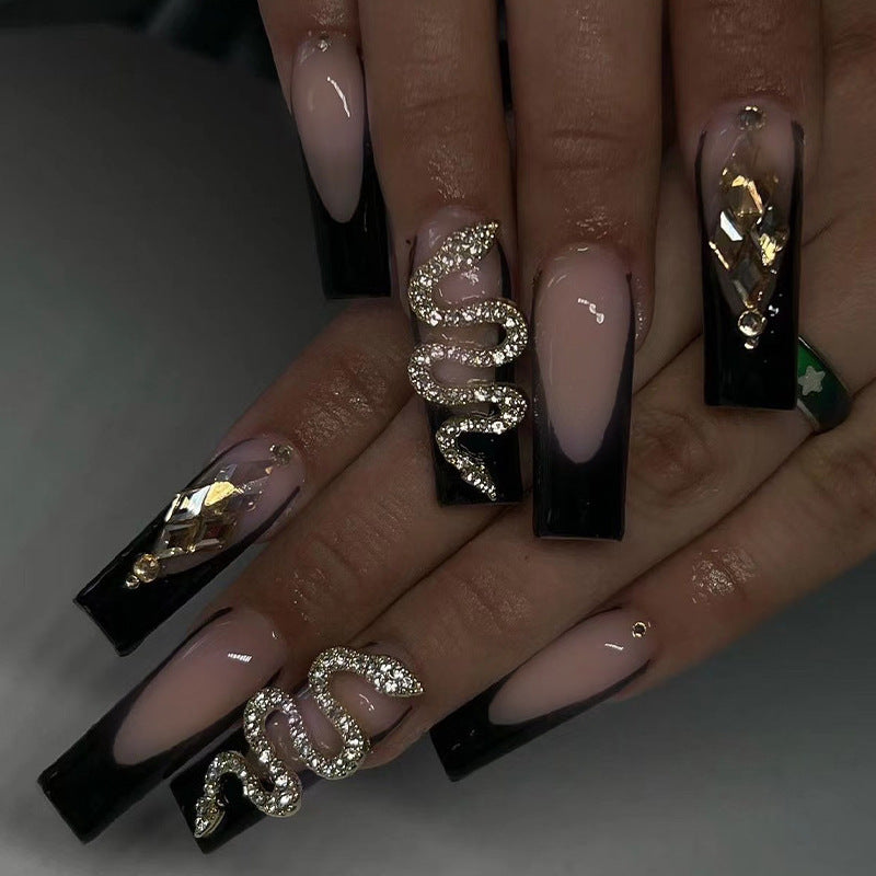 24 PCS LONG COFFIN BLACK FRENCH DRAGON PRESS ON NAILS