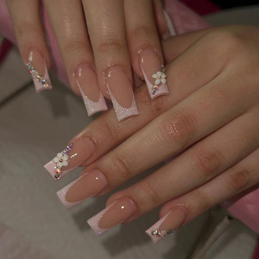 24 PCS MEDIUM SQUARE FLOWERS PRESS ON NAILS