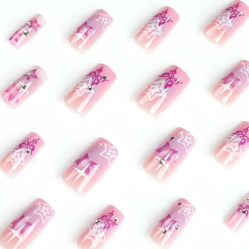 24PCS LONG SQUARE PURPLE STARS PRESS ON NAILS