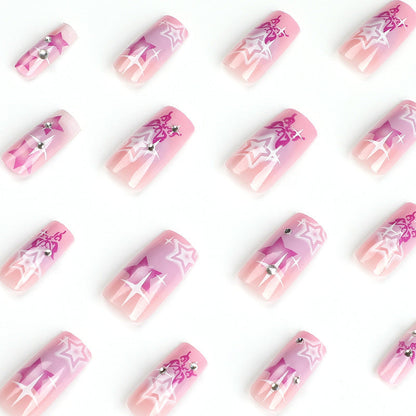 24PCS LONG SQUARE PURPLE STARS PRESS ON NAILS