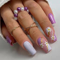 24 PCS MEDIUM SQUARE PURPLE FLOWERS PRESS ON NAILS